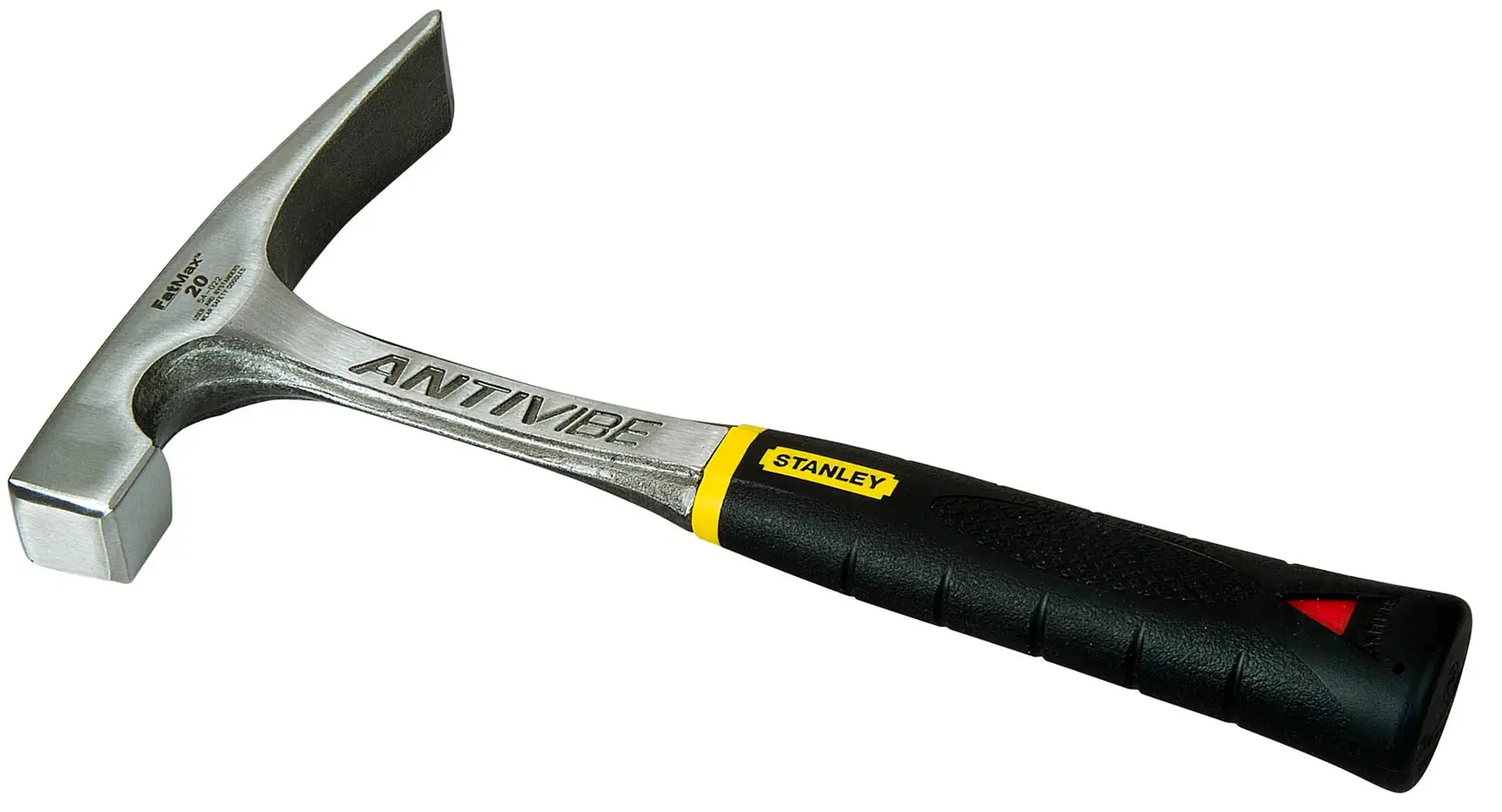 STANLEY 1-54-022 Maurerhammer mit Antivibe-Stahlkopf und schwarzem Griff, schräge Seitenansicht.