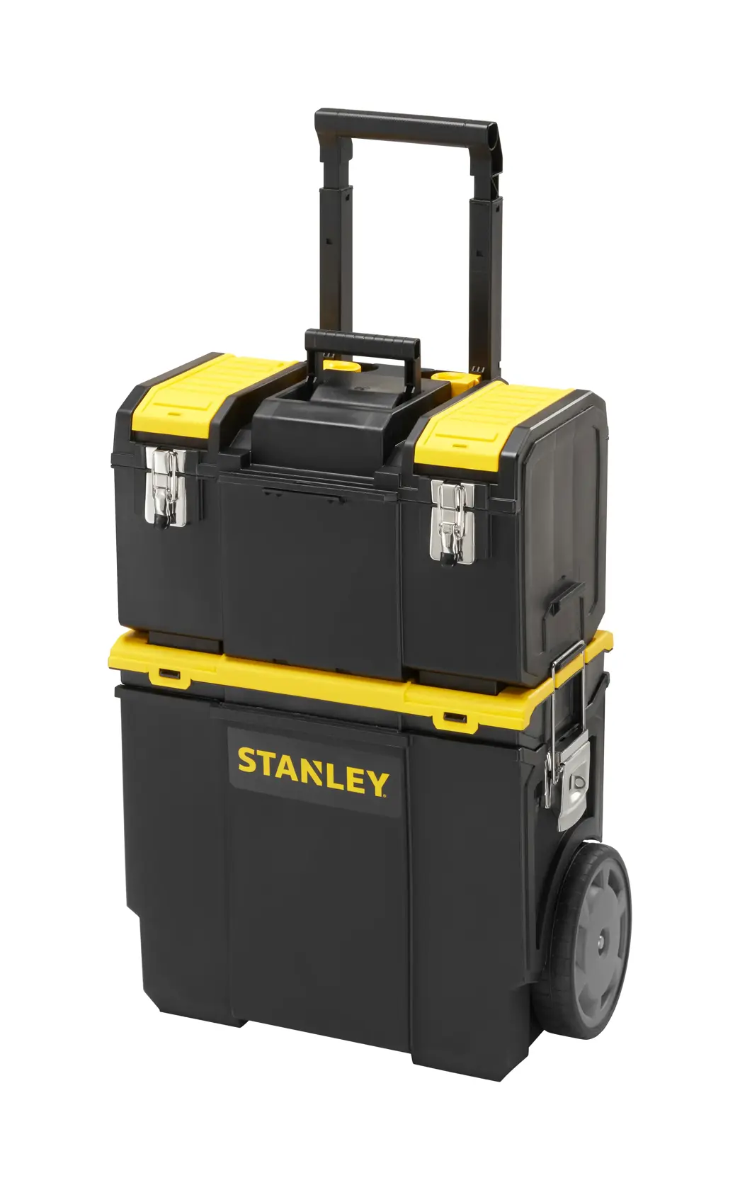 STANLEY 1-70-326 Rollwerkzeugkasten mit stapelbaren Fächern in Schwarz und Gelb, Vorderansicht auf weißem Hintergrund.