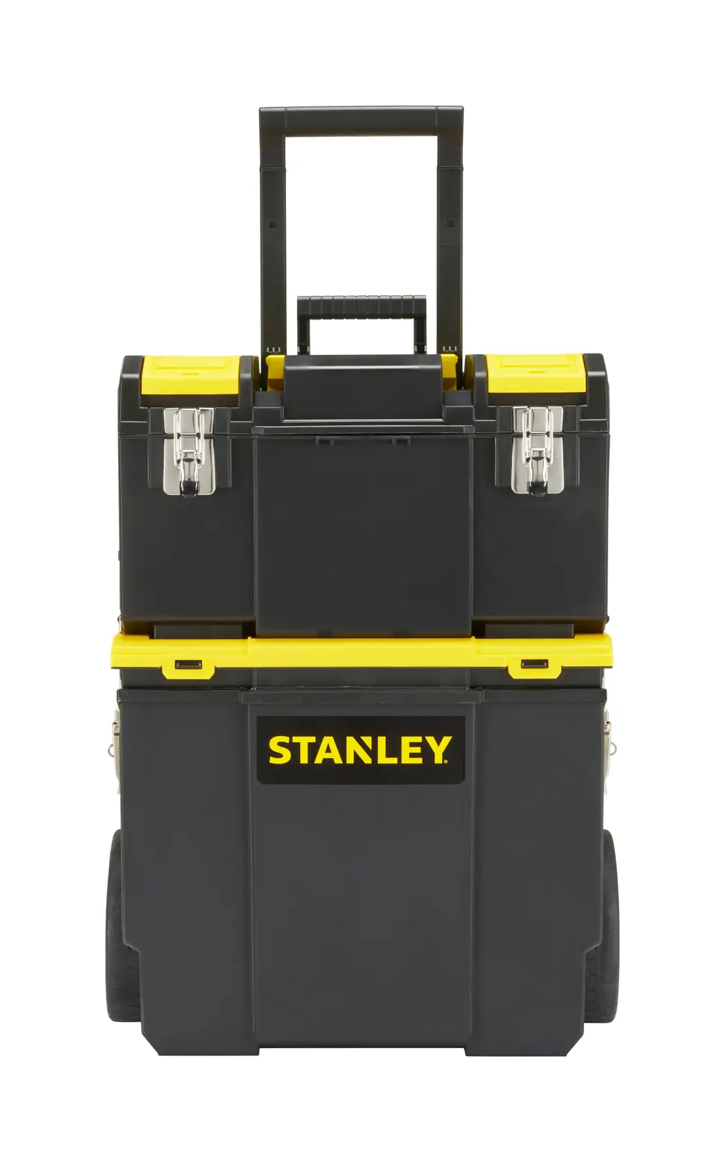 STANLEY 1-70-326 mobiler Werkzeugkasten schwarz-gelb, Fotografie, Vorderansicht auf weißem Hintergrund.
