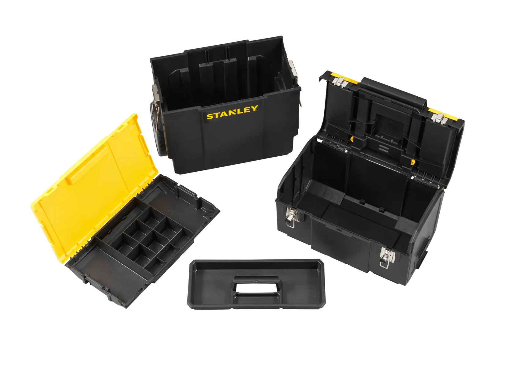 STANLEY 1-70-326 schwarze und gelbe modulare Werkzeugkiste Set oben geöffnet.