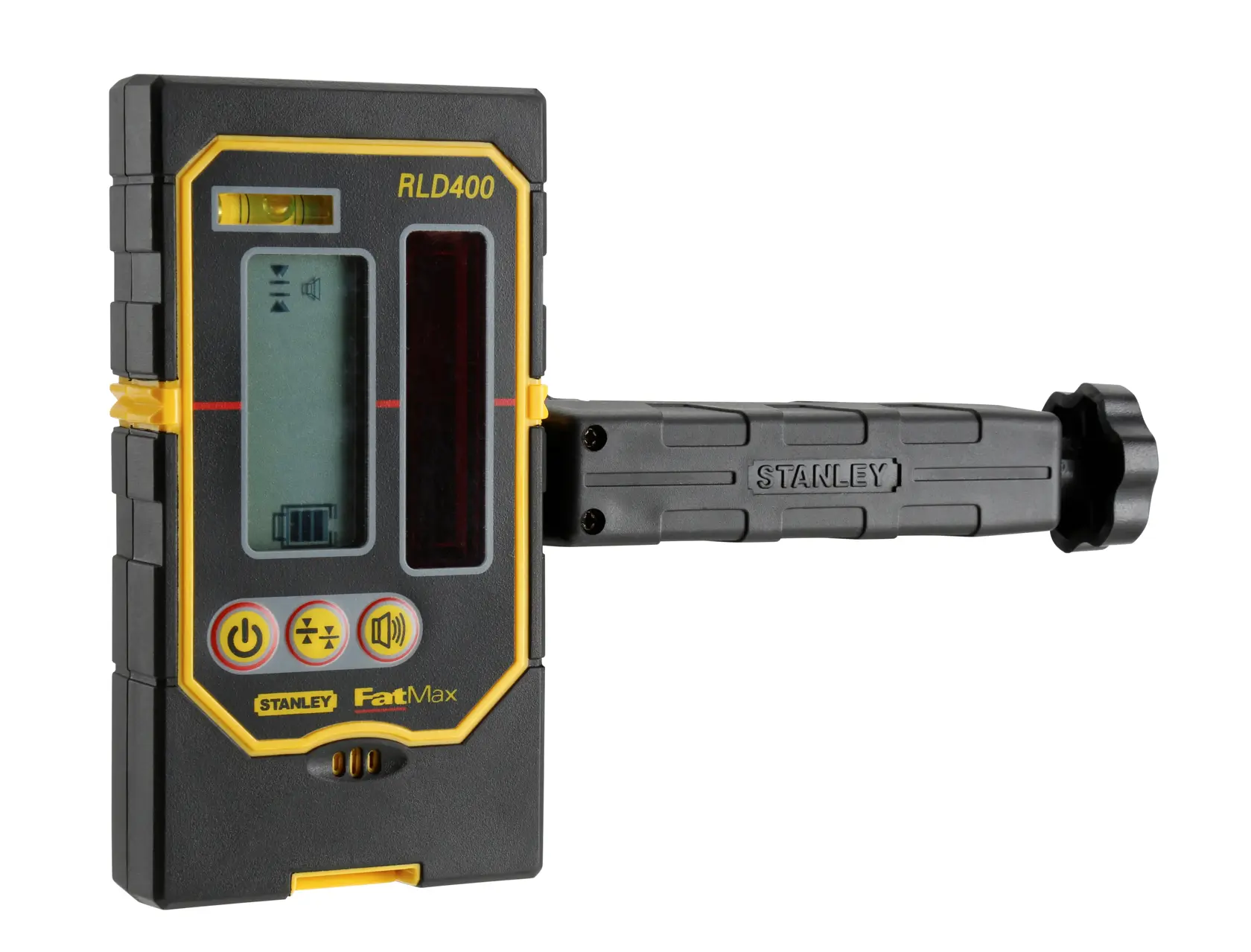 Stanley FatMax RLD400 Laser-Empfänger mit Griff, Digitalanzeige und Tasten für präzise Messungen.