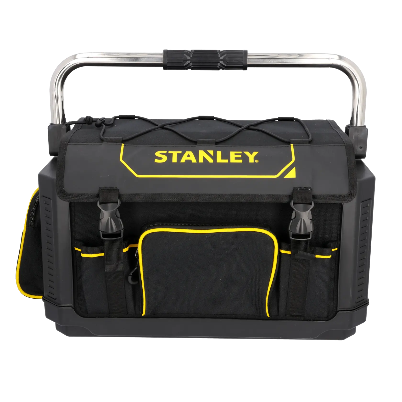 STANLEY 1-79-213 Werkzeugtasche mit Hartboden, gelb und schwarz, Vorderansicht auf weißem Hintergrund.