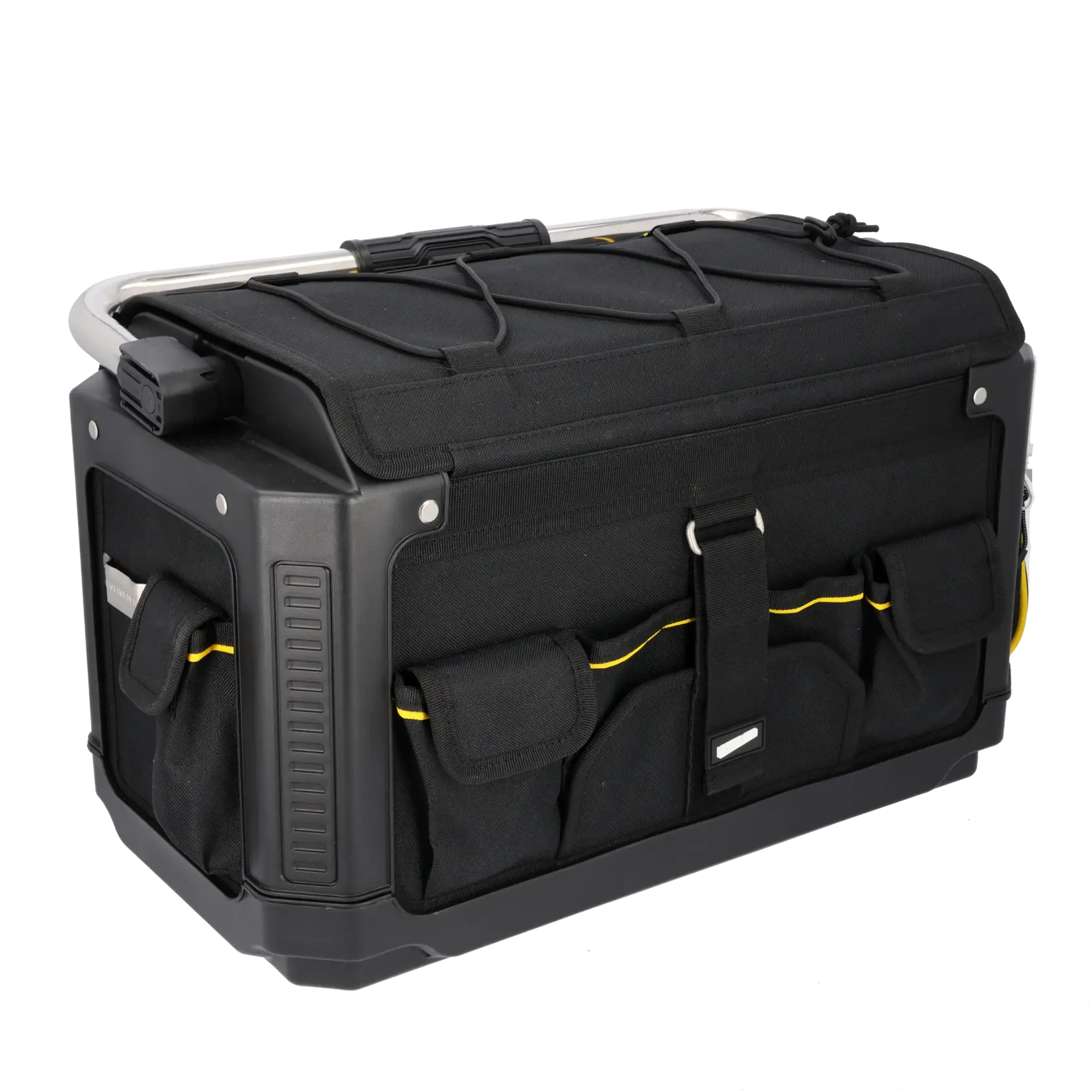 STANLEY 1-79-213 schwarze Werkzeugtasche mit Hartschalen, Fronttaschen und gelber Naht, schräg auf weiß.