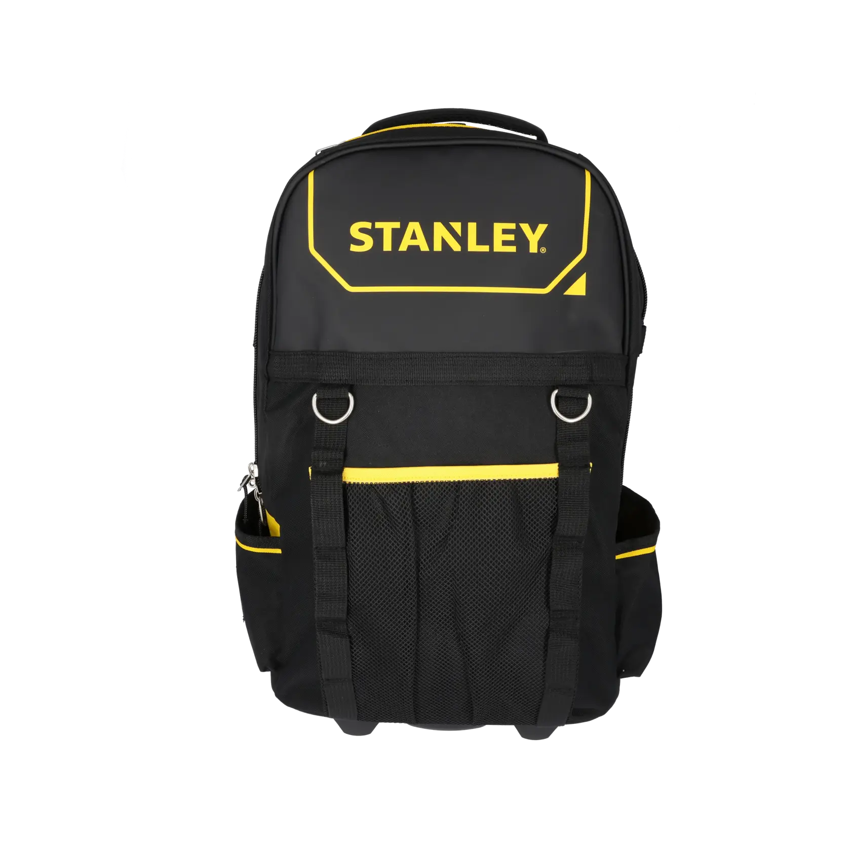 Stanley Werkzeug-Rucksack in Schwarz-Gelb mit Rollen, ausziehbarem Griff, Fronttaschen und robustem Material.