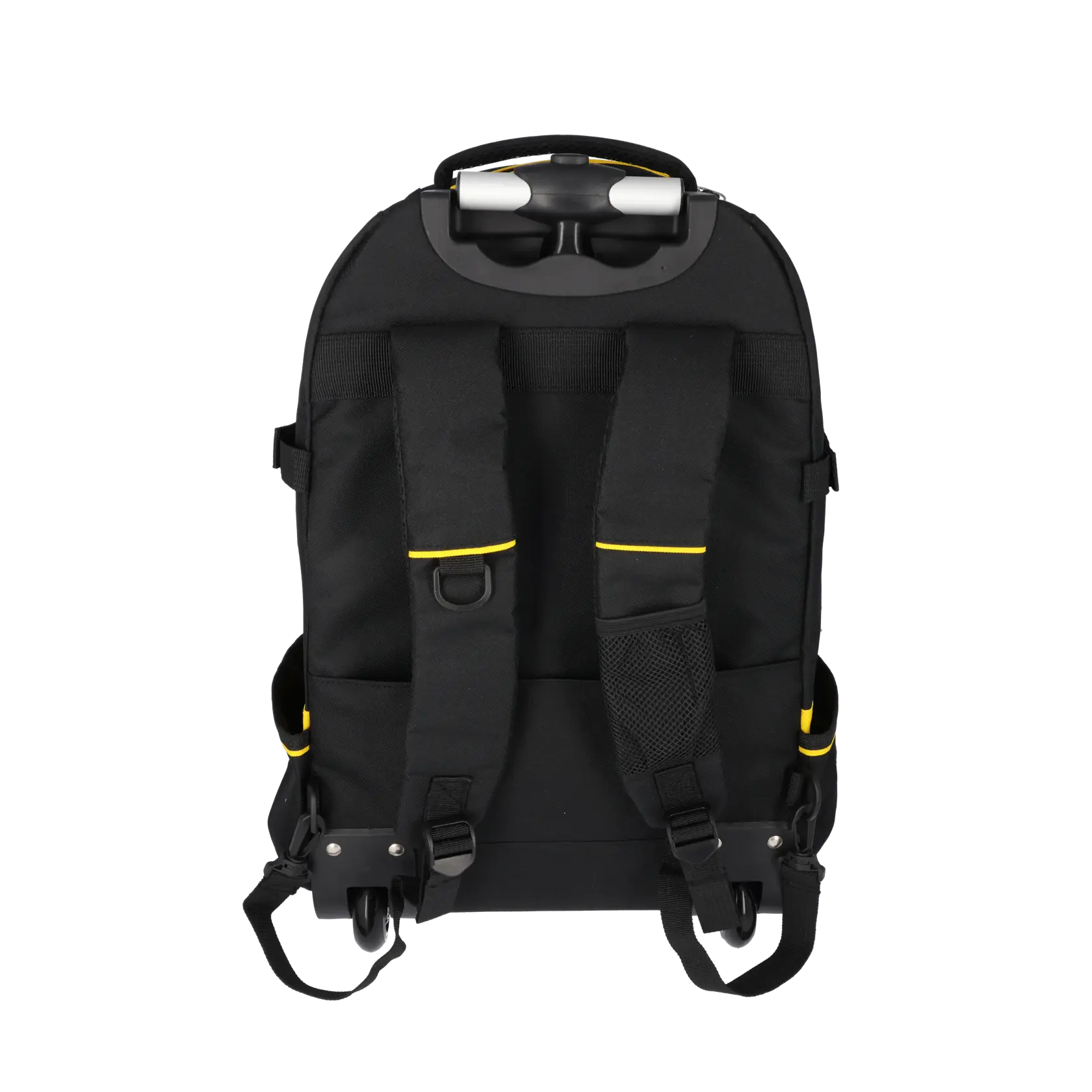 STANLEY 1-79-215 Werkzeugrucksack mit Rollen, schwarz-gelb, Rückansicht auf weißem Hintergrund.