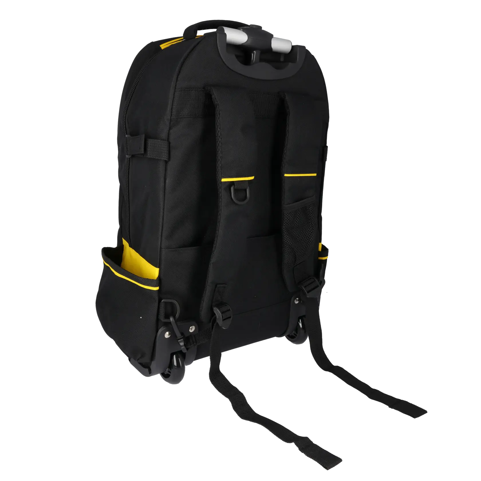STANLEY 1-79-215 schwarzer Werkzeugrucksack mit gelben Akzenten, Rückansicht mit Trägern und Rollen, weißer Hintergrund.