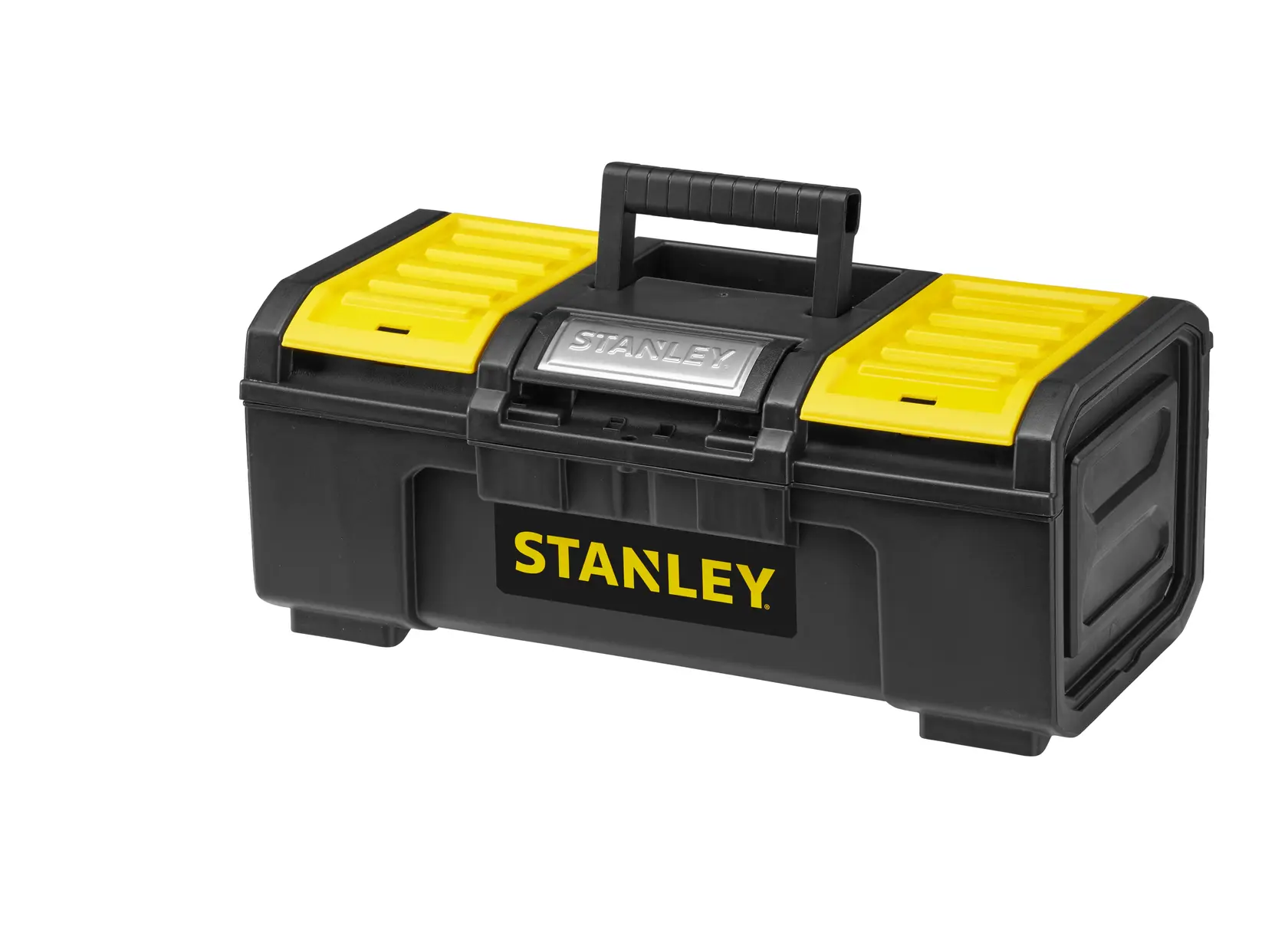 STANLEY 1-79-216 Werkzeugkasten aus Kunststoff, schwarz-gelb, schräger Blick, stabiler Griff, Verschluss.