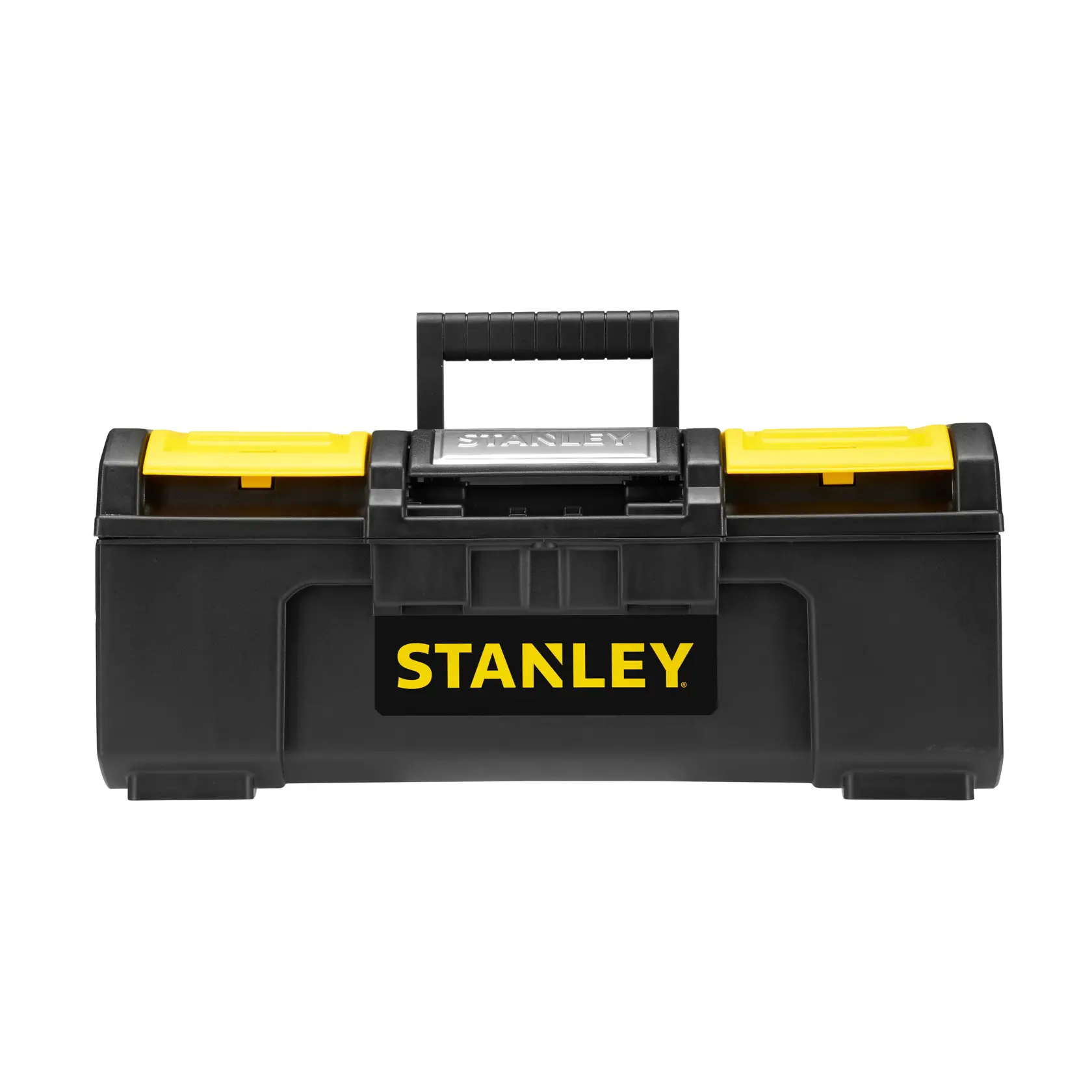STANLEY 1-79-216 Werkzeugkasten in Schwarz-Gelb, Frontansicht, mittlerer Griff, zwei gelbe Verschlüsse.