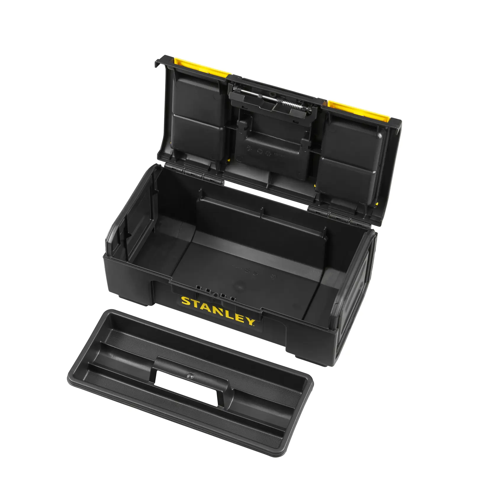 STANLEY 1-79-216 schwarze Werkzeugbox mit offenem Deckel und herausnehmbarer Ablage, schräge Vorderansicht auf weißem Hintergrund.