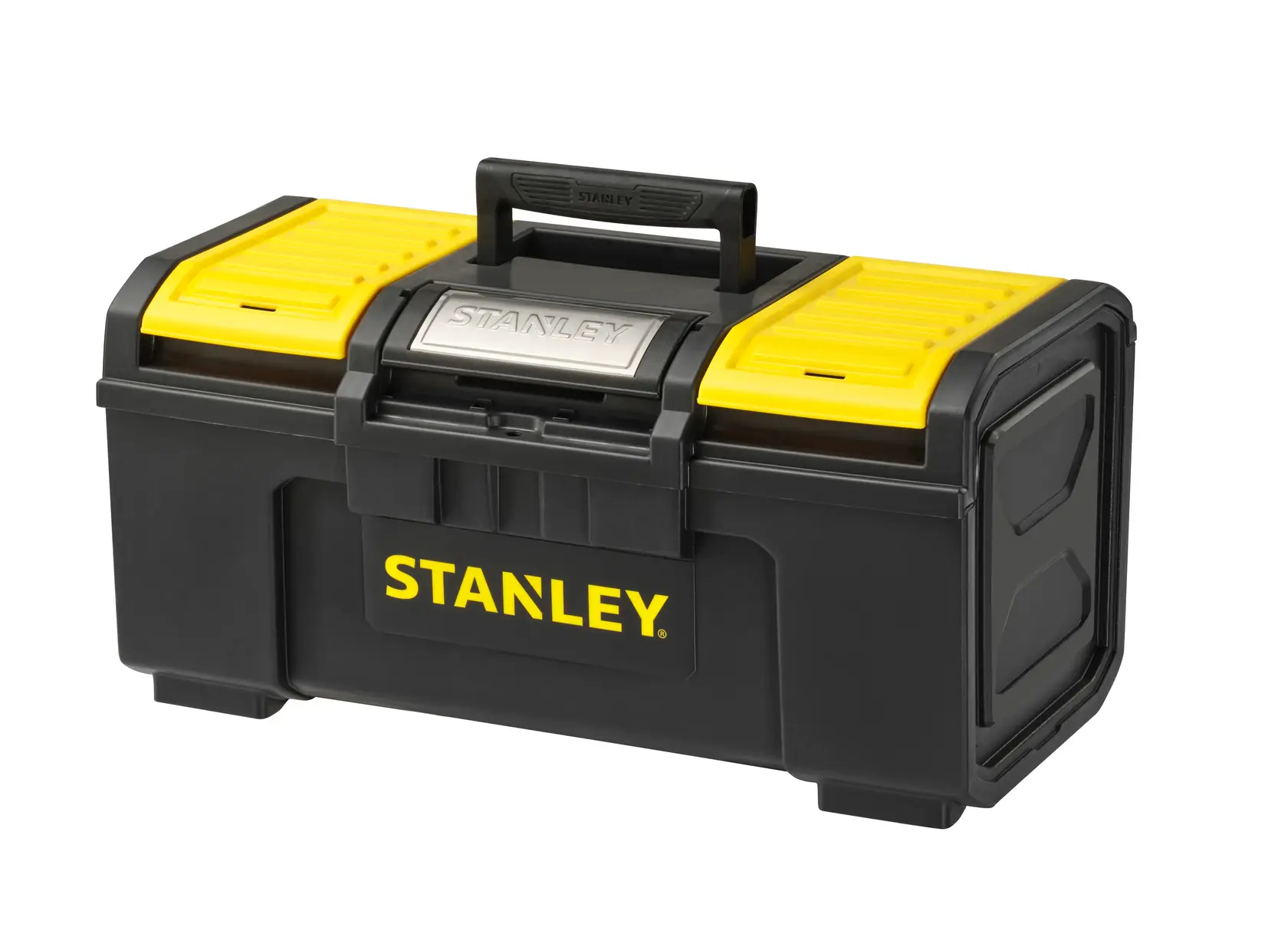 STANLEY 1-79-217 schwarze und gelbe Kunststoff-Werkzeugbox mit Griff, Frontansicht auf weißem Hintergrund.