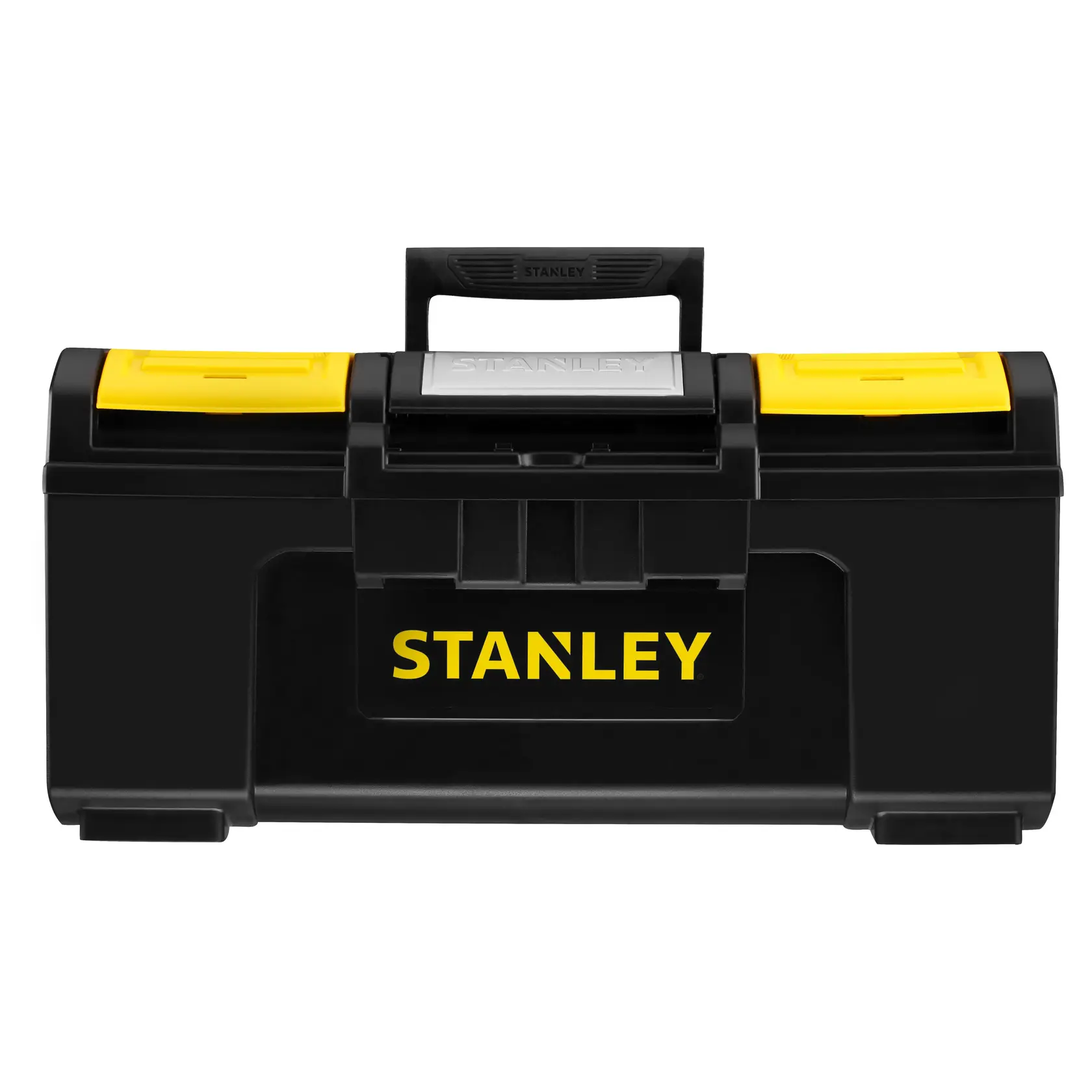 STANLEY 1-79-217 Werkzeugkasten in Schwarz und Gelb, Vorderansicht, robuster Kunststoff, breiter Griff.