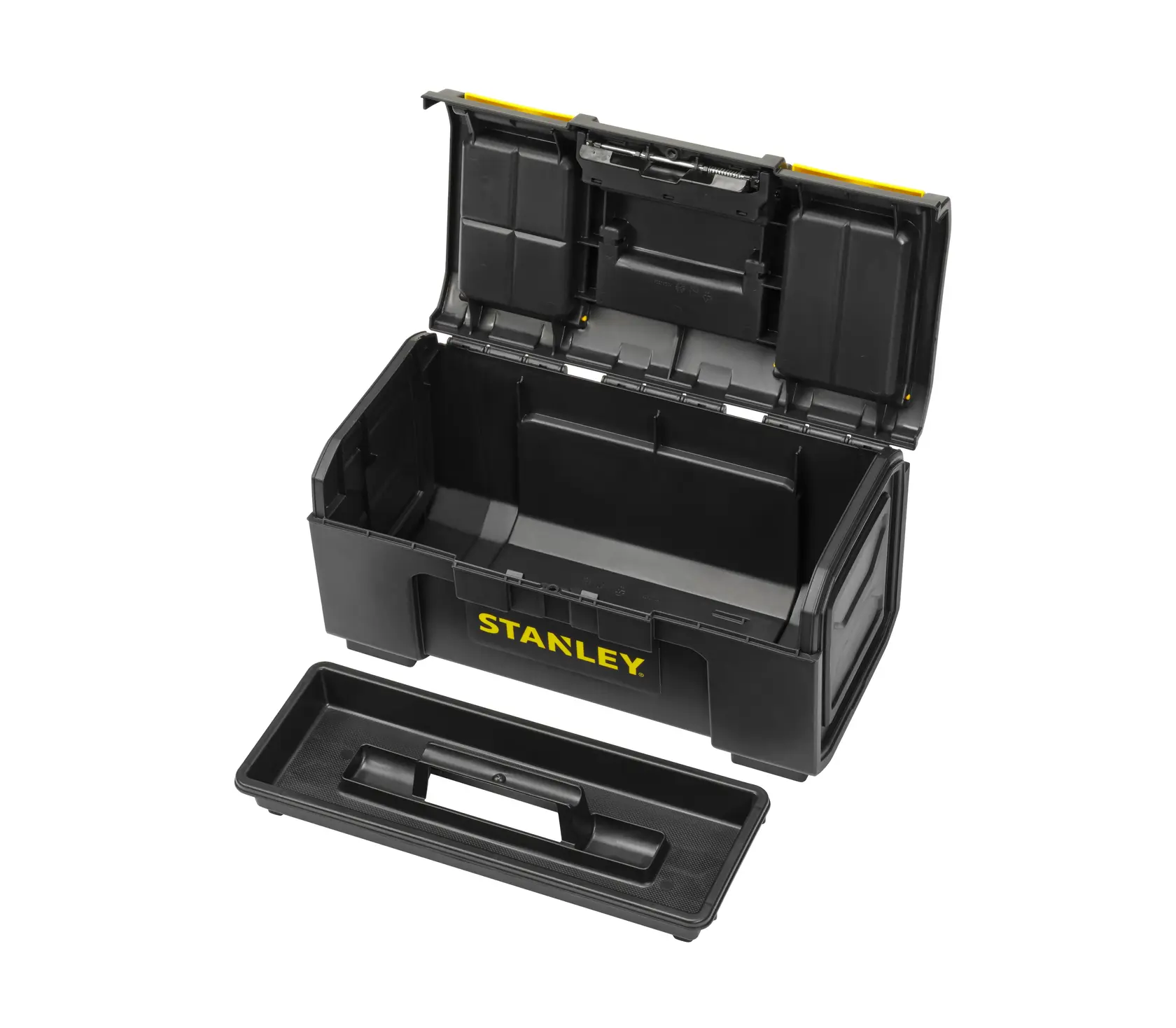 STANLEY 1-79-217 schwarze Werkzeugkiste mit offenem Deckel und entnehmbarer Ablage, schräge Ansicht, weißer Hintergrund.