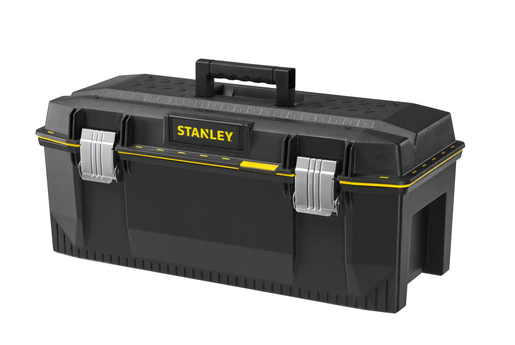 STANLEY 1-93-935 schwarze Kunststoff-Werkzeugbox mit gelben Akzenten, zwei Metallverschlüssen und Tragegriff, Vorderansicht.