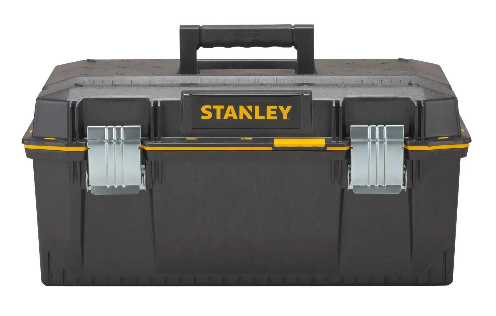 STANLEY 1-93-935 schwarzer Werkzeugkasten mit Metallverschlüssen und Griff, Vorderansicht, Fotografie.