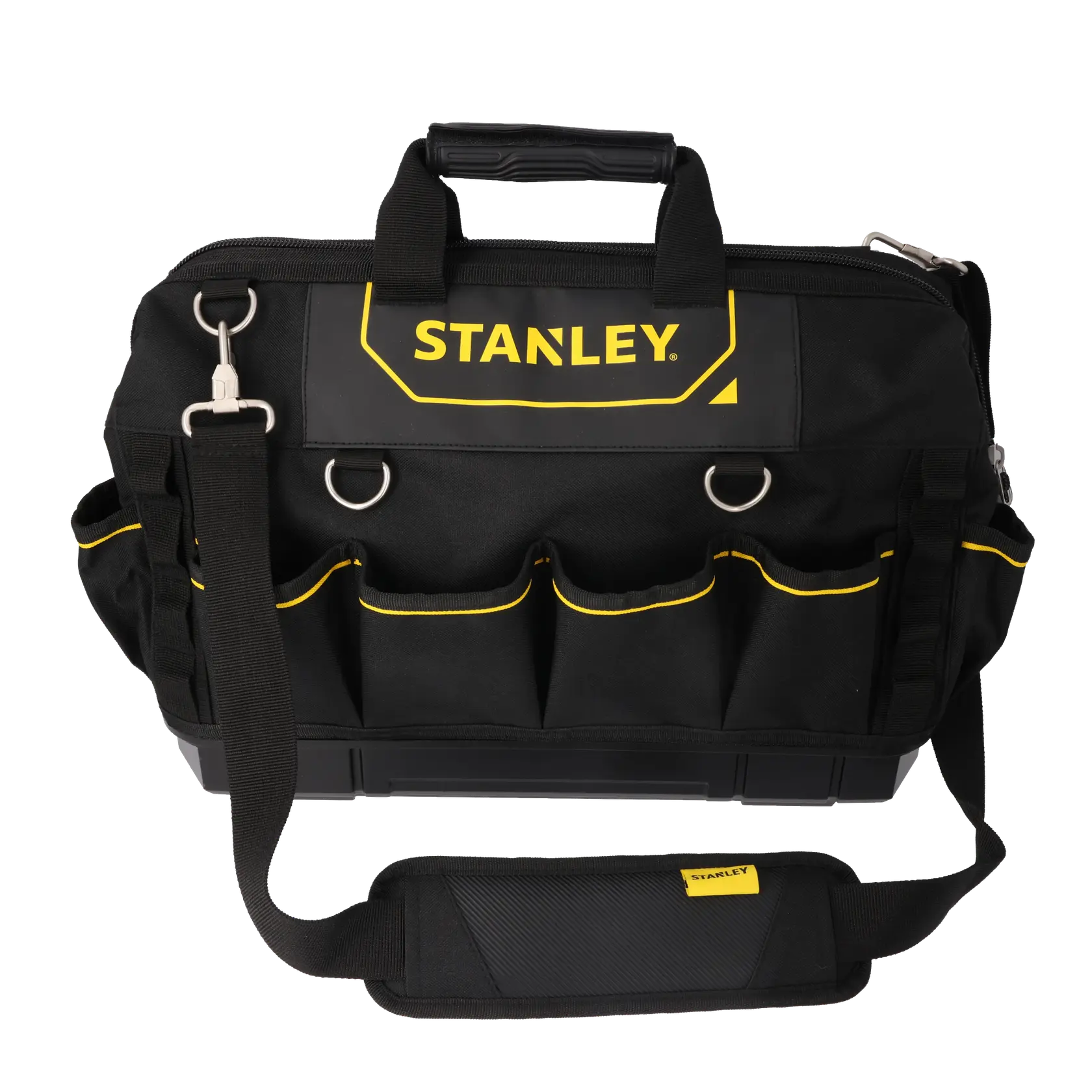 STANLEY 1-93-950 schwarze Werkzeugtasche mit gelben Details, Fächern, Tragegriff und Schultergurt, Frontansicht.