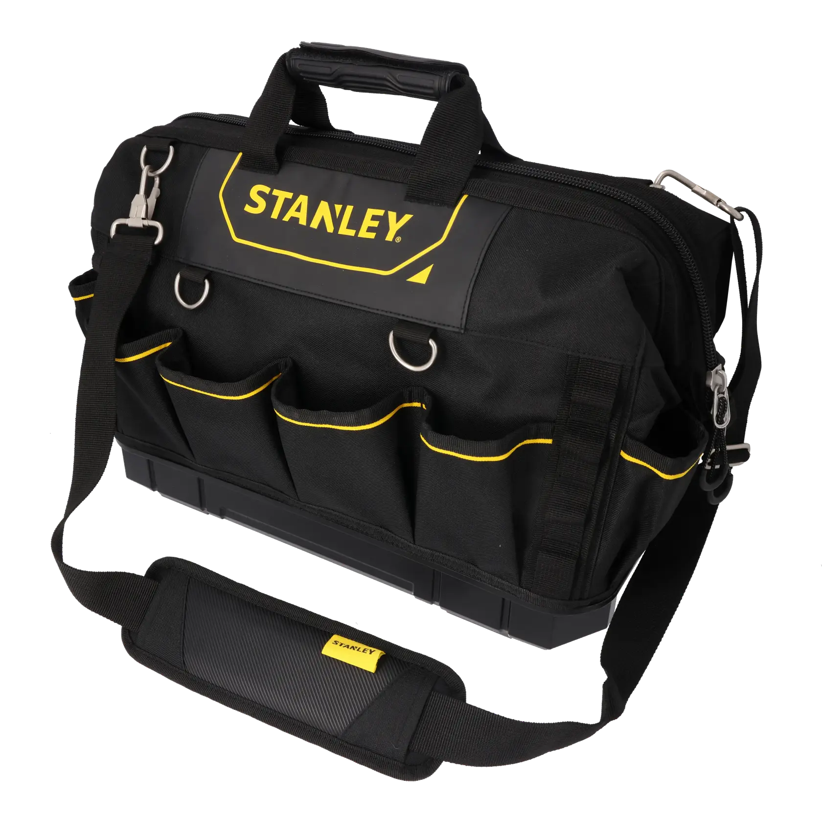 STANLEY 1-93-950 schwarze Werkzeugtasche mit gelbem Rand, Schultergurt und Fronttaschen, schräg auf Weiß.