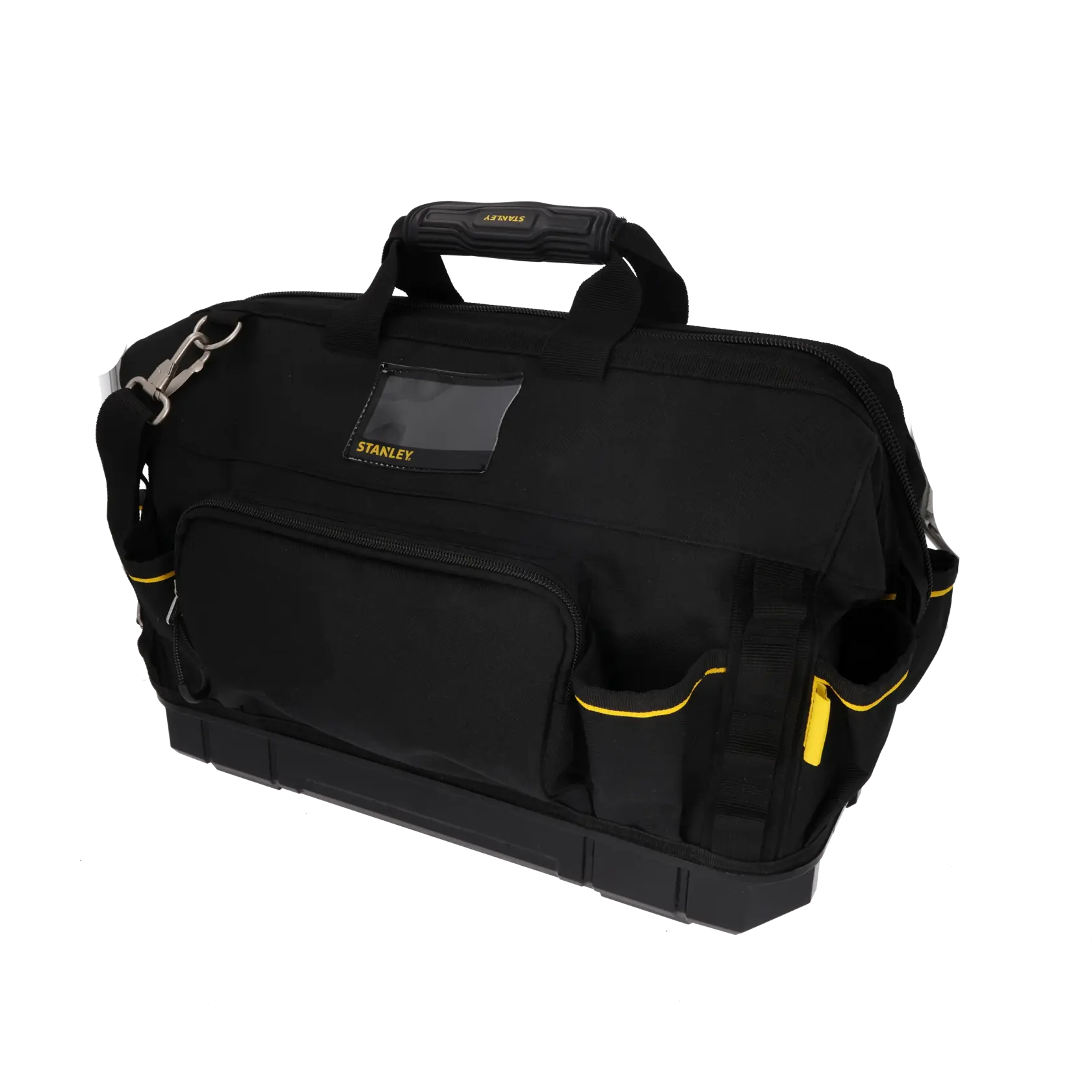STANLEY 1-93-950 Werkzeugtasche mit mehreren Außentaschen, schwarz und gelb, Frontansicht auf weißem Hintergrund.