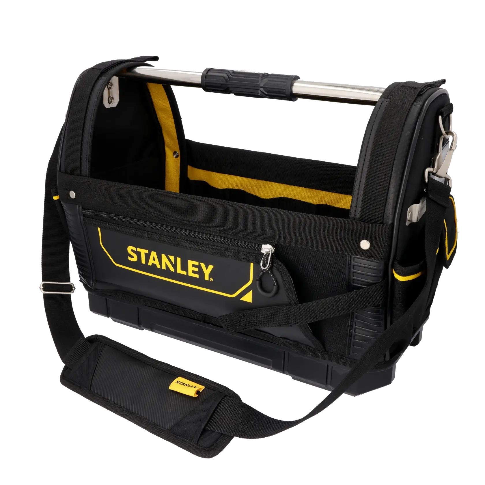 STANLEY 1-93-951 Werkzeugtasche mit offenem Deckel, schwarz-gelb, Vorderansicht, verstärkter Griff.