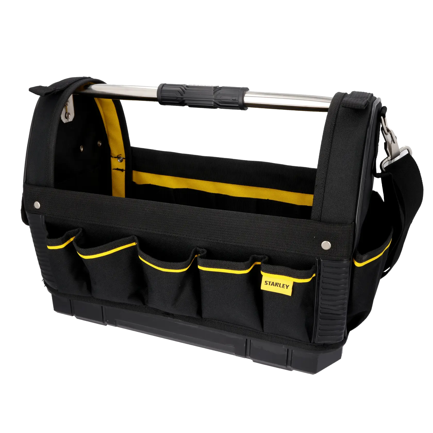 STANLEY 1-93-951 Werkzeugtasche, schwarz-gelb, Vorderansicht, offene Oberseite mit Metallgriff.