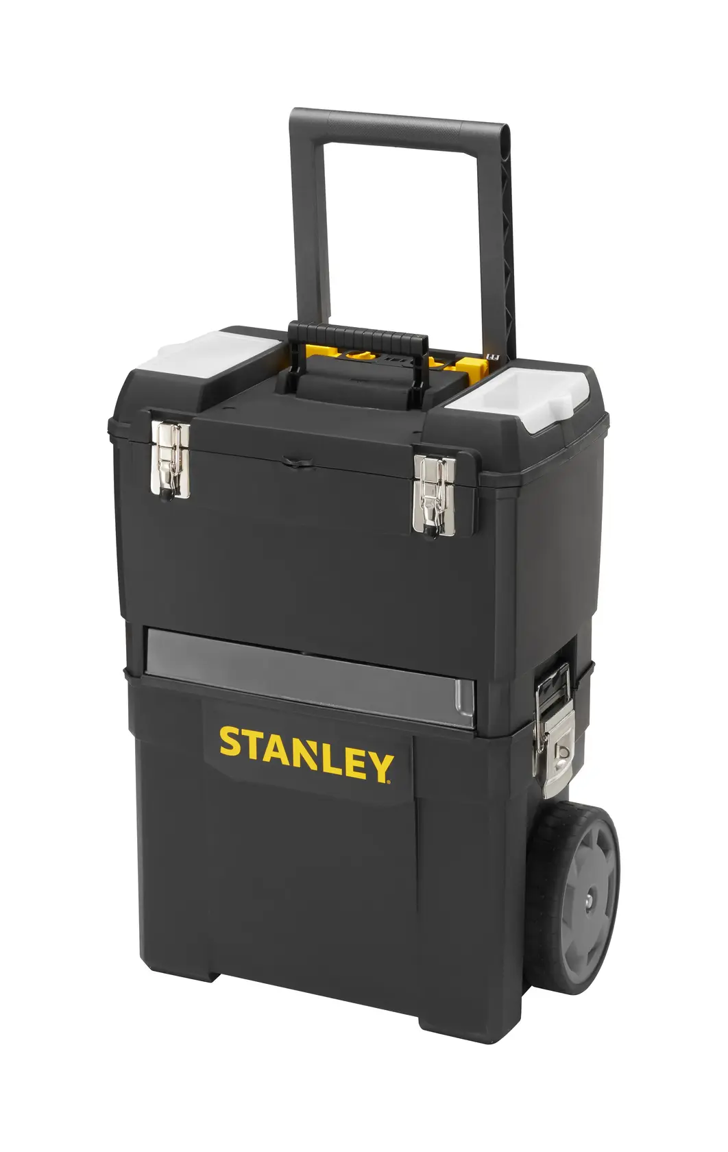 STANLEY 1-93-968 schwarze Werkzeugbox mit gelbem Logo, Metallverschlüssen, Rädern und Teleskopgriff, schräge Ansicht.