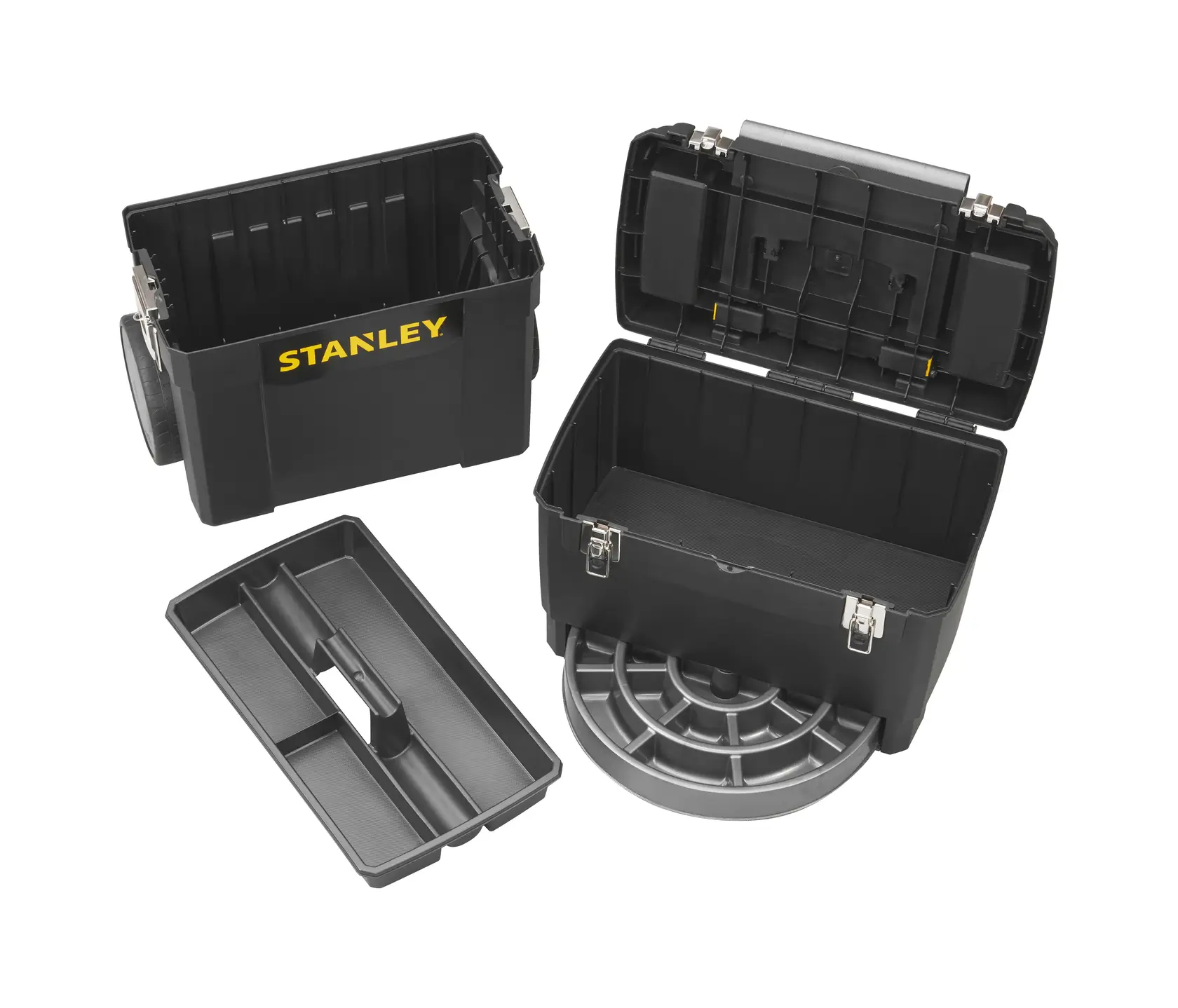 STANLEY 1-93-968 schwarze Kunststoff-Werkzeugbox mit Rädern, offener Deckel, herausnehmbare Ablage, Foto vor Weiß.