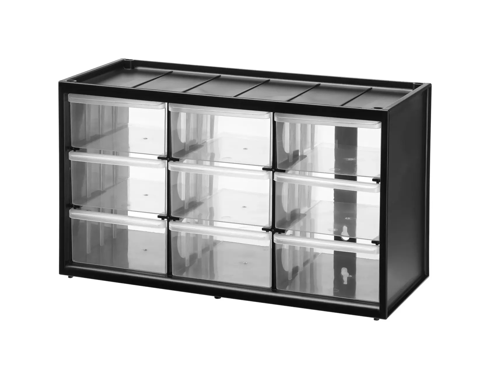 STANLEY 1-93-978 schwarzer Kunststoff-Organizer mit neun klaren Schubladen, schräg von vorn auf weißem Hintergrund.