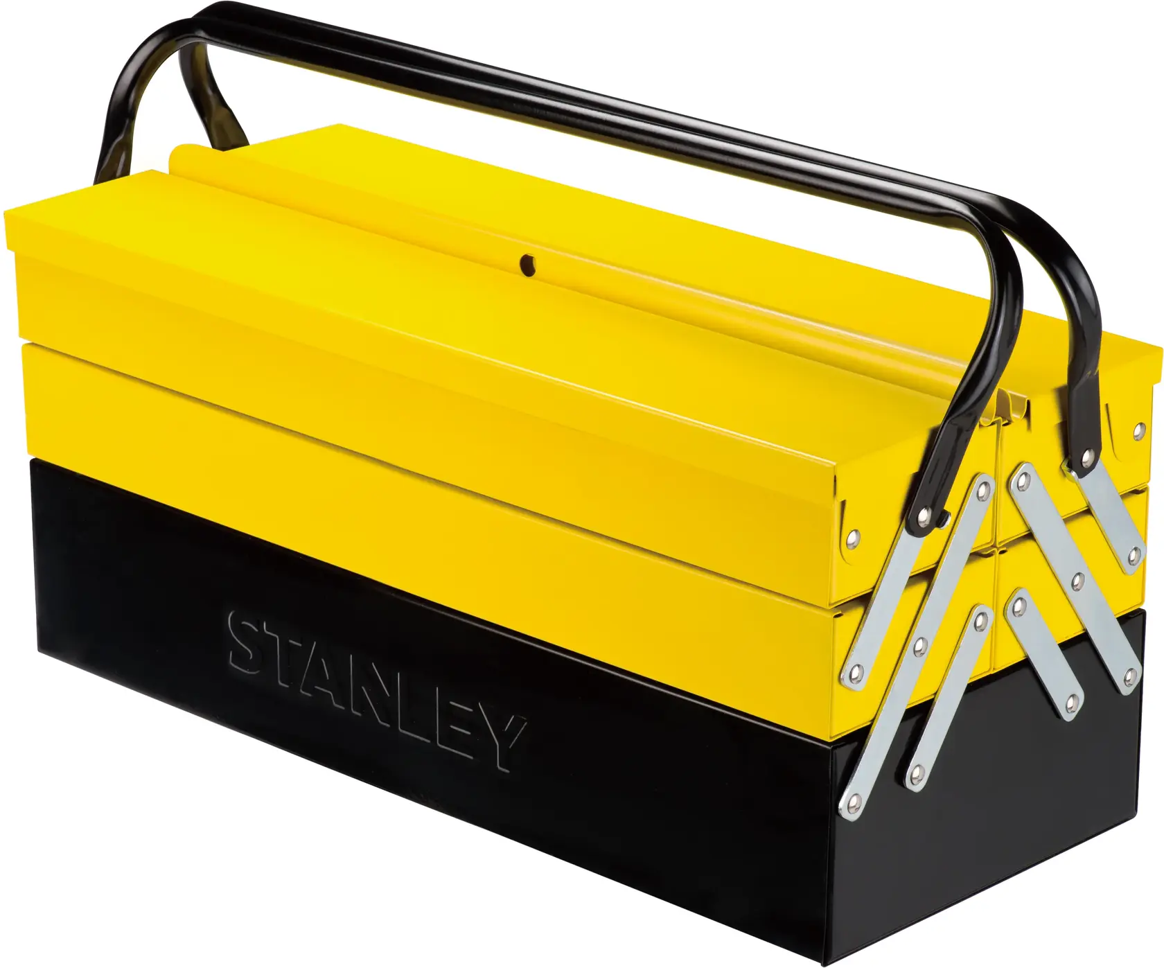 STANLEY 1-94-738 Metall-Werkzeugkasten, gelb und schwarz, Seitenansicht, mit Griff, Foto auf weiß.
