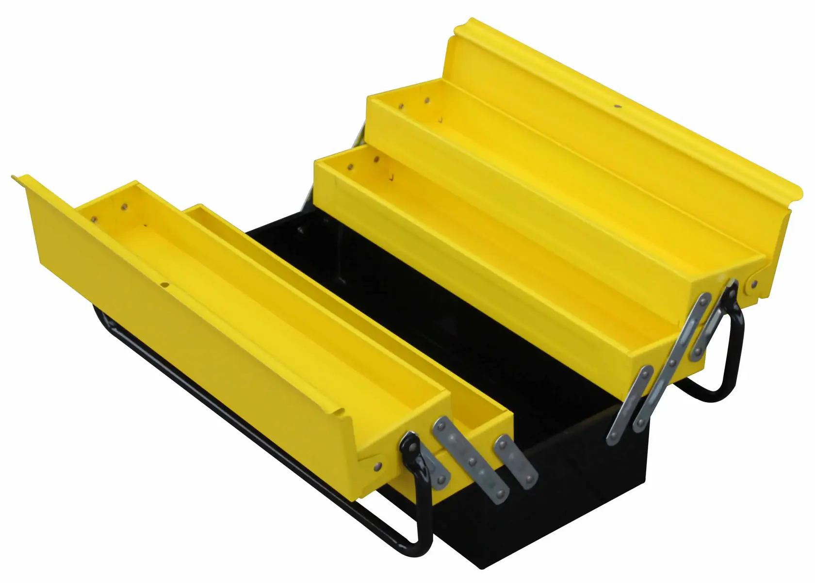 STANLEY 1-94-738 gelber Metall-Klappwerkzeugkasten geöffnet, schräge Ansicht auf weißem Hintergrund.