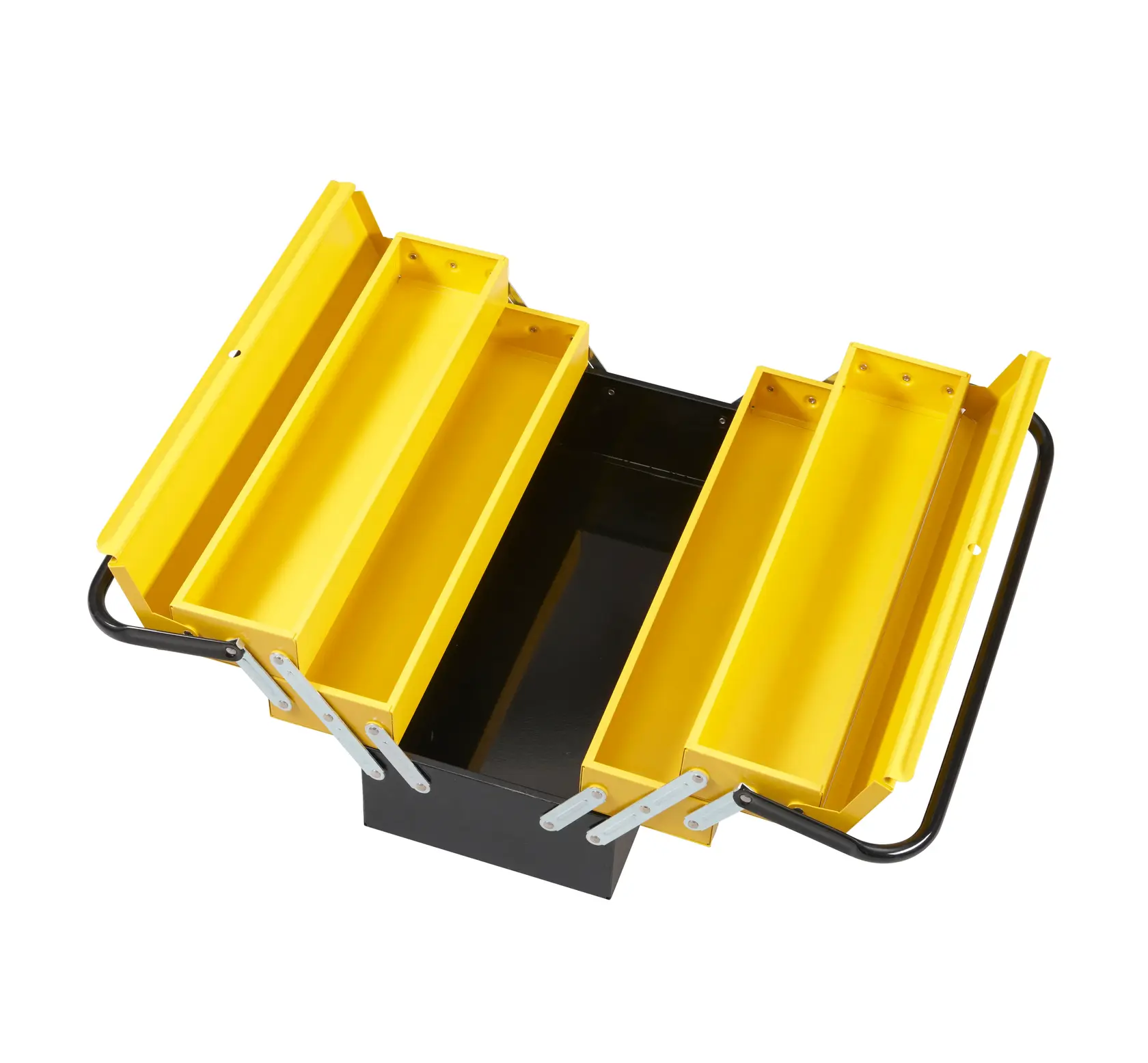 STANLEY 1-94-738 Metall-Werkzeugkasten mit gelben Fächern, Draufsicht auf weißem Hintergrund.