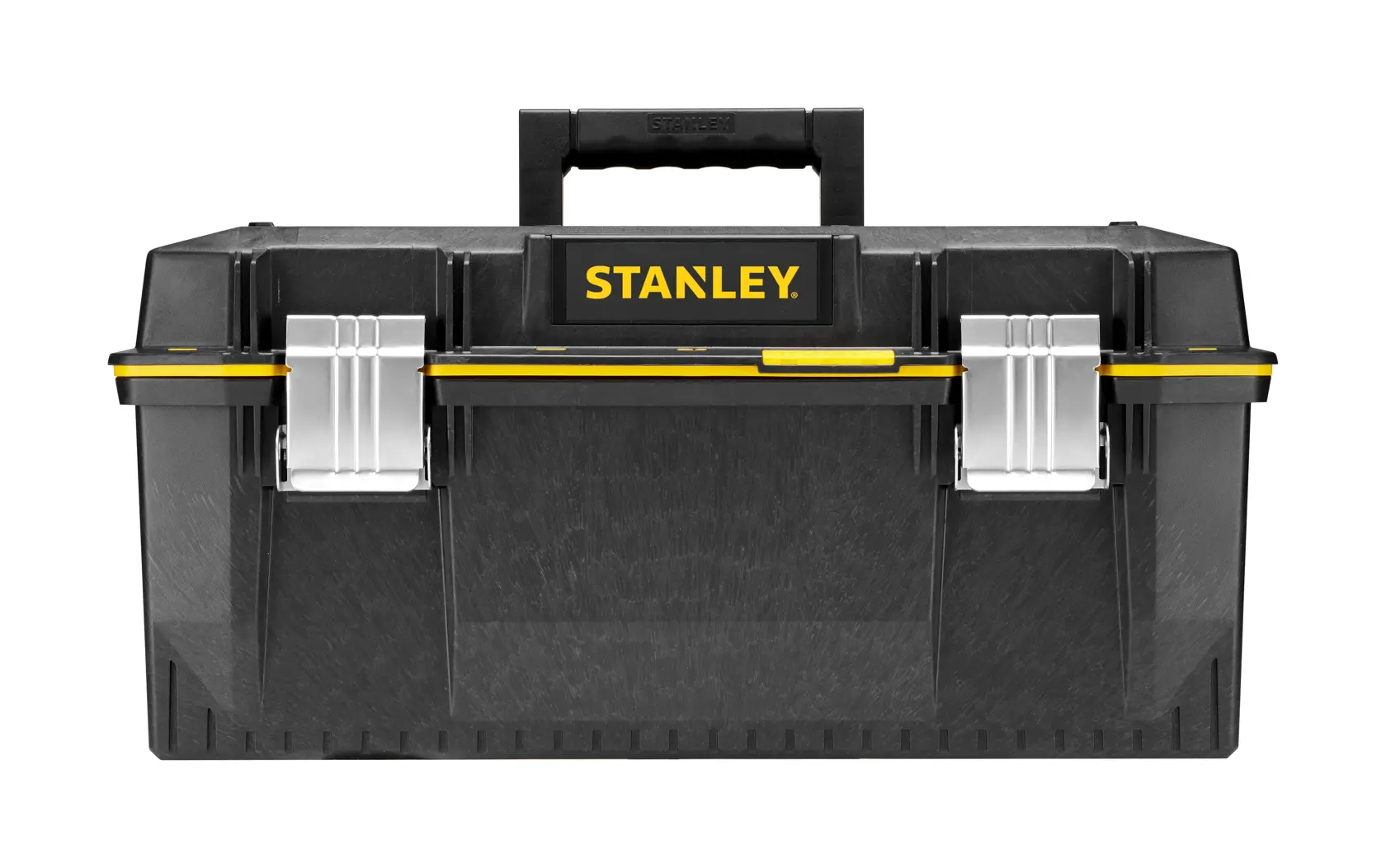 STANLEY 1-94-749 FATMAX Werkzeugkasten, schwarz mit gelben Akzenten, silberne Verschlüsse, Vorderansicht.