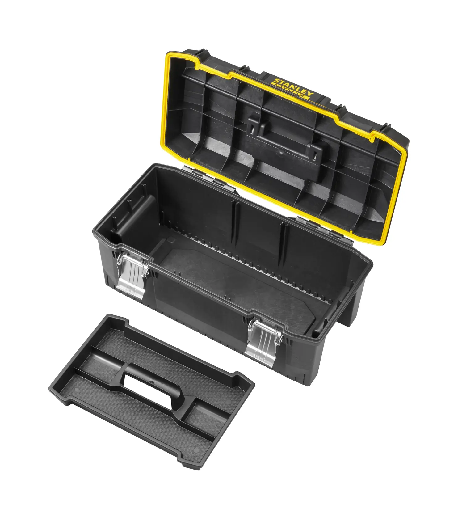 STANLEY 1-94-749 schwarze Kunststoff-Werkzeugbox mit offenem Deckel, herausnehmbarem Einsatz und silbernen Verschlüssen, Frontalansicht.