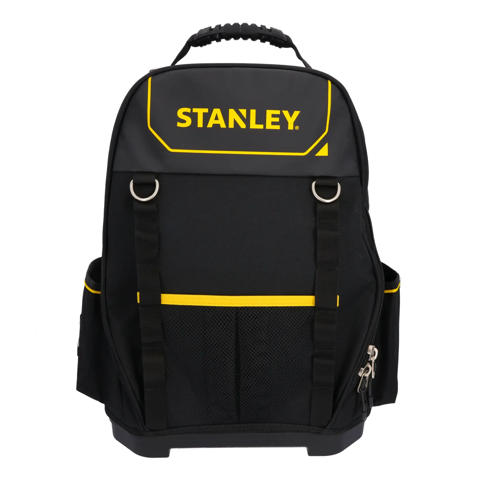 STANLEY 1-95-611 schwarz-gelber Werkzeugrucksack, Frontansicht, mit vielen Taschen und stabilem Griff.