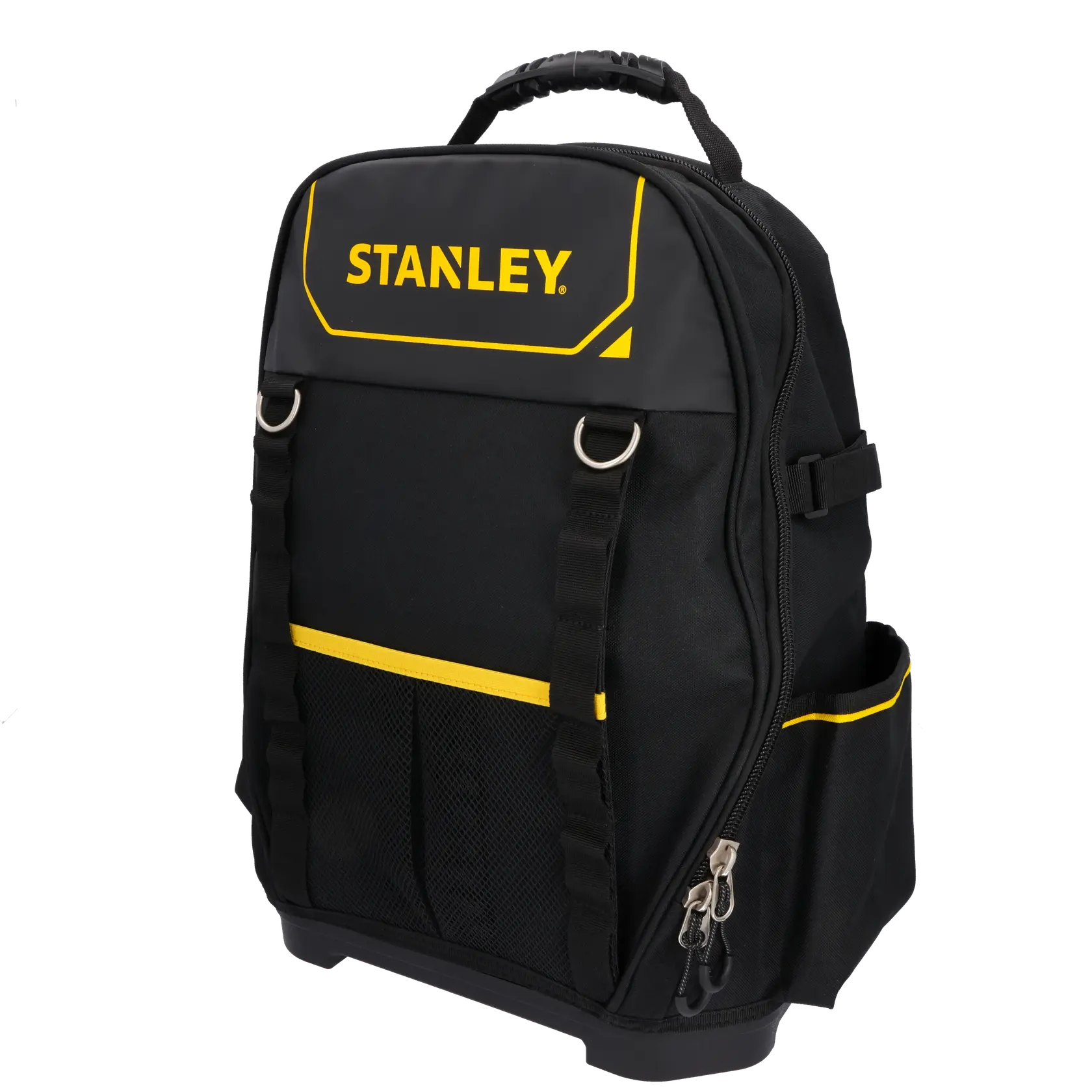 Stanley 1-95-611 schwarz-gelber Werkzeugrucksack, Vorderansicht schräg auf weißem Hintergrund.