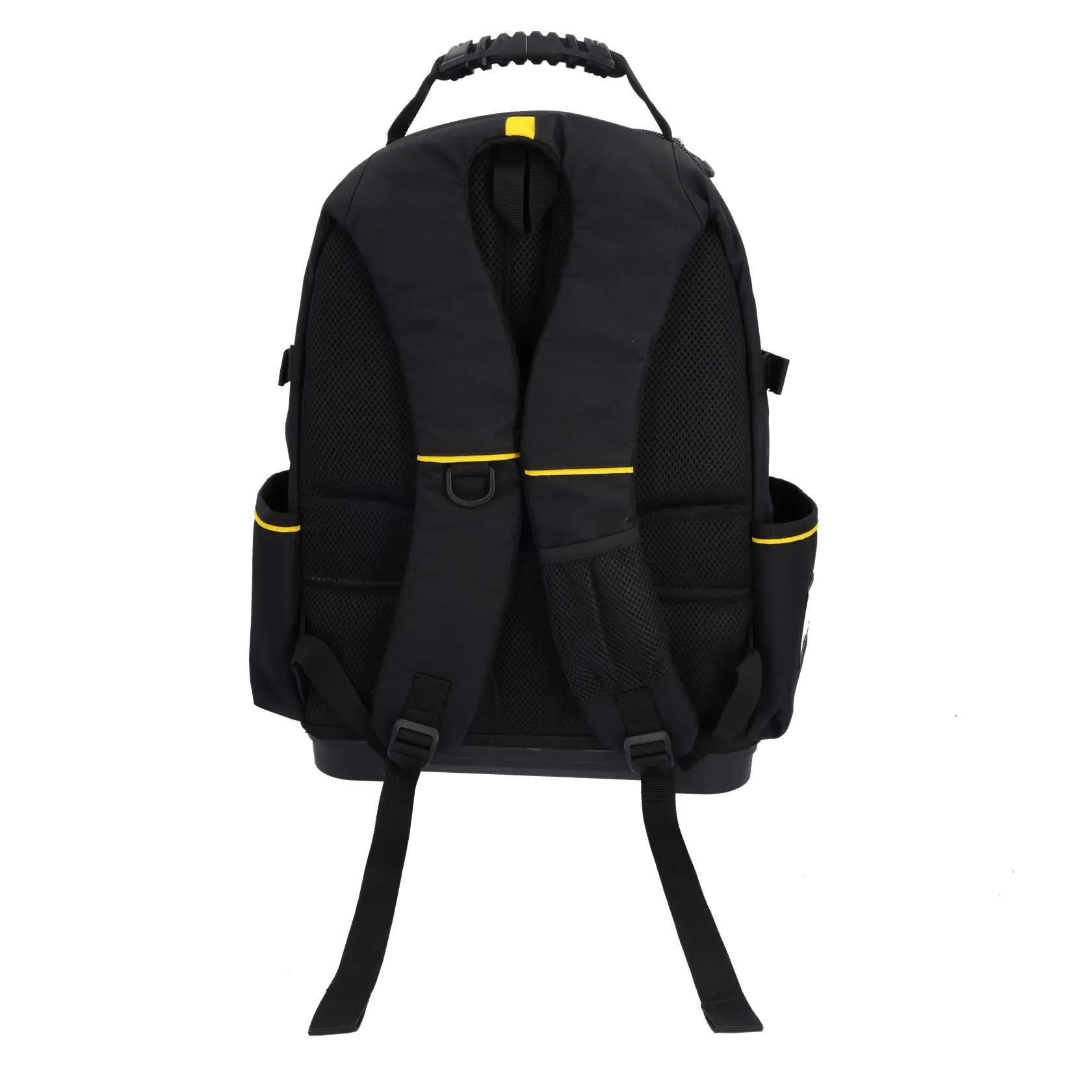 STANLEY 1-95-611 schwarzer Rucksack Rückansicht, gepolsterte Gurte, gelbe Akzente, Werkzeugorganizer.