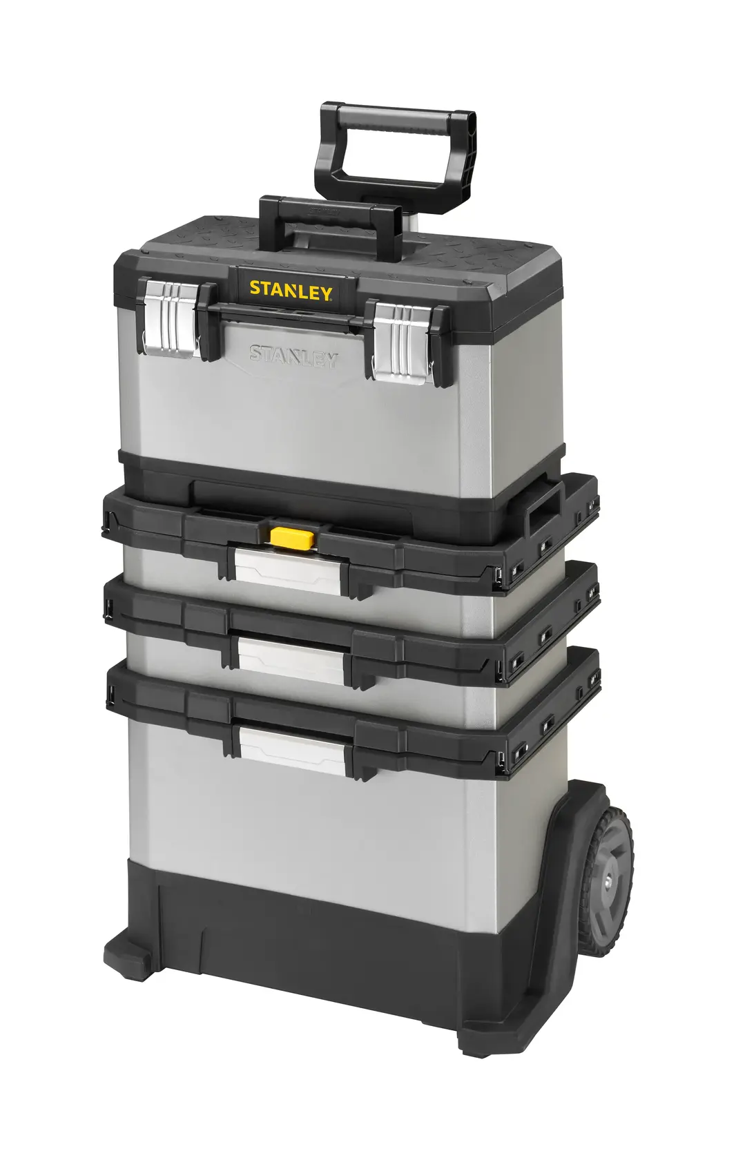 STANLEY 1-95-622 silber-schwarzer rollbarer Werkzeugkoffer-Stapel, Vorderansicht auf Weiß.