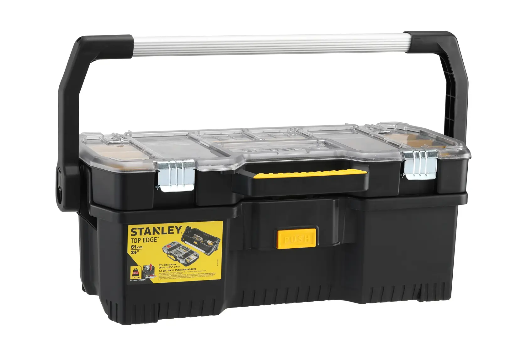 STANLEY 1-97-514 schwarze Werkzeugbox mit Klarsichtdeckel, Metallverschlüssen und großem Griff, Vorderansicht.