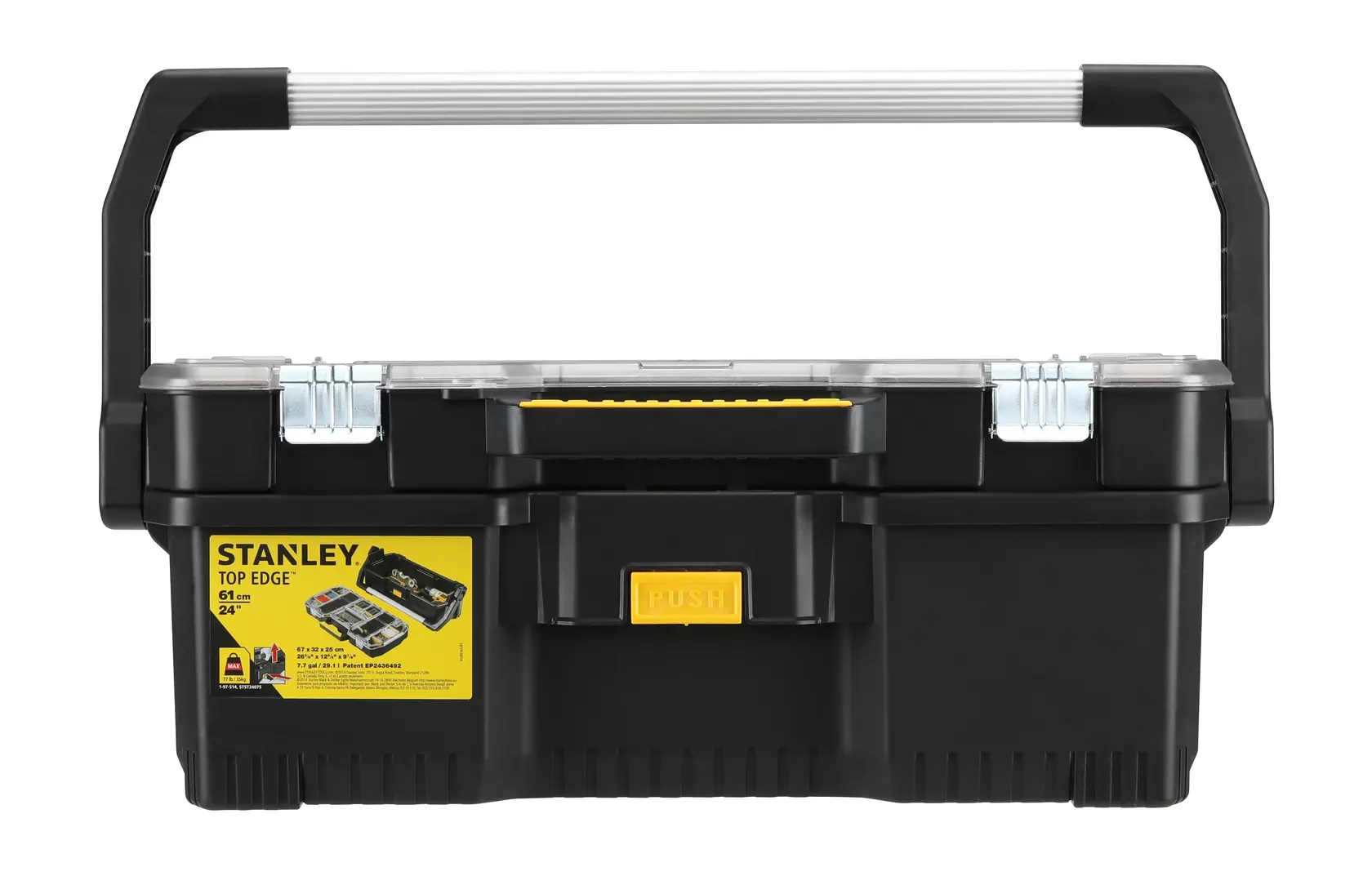STANLEY 1-97-514 schwarze Werkzeugbox mit großem Griff, Metallschließen und gelbem Etikett, Frontansicht.