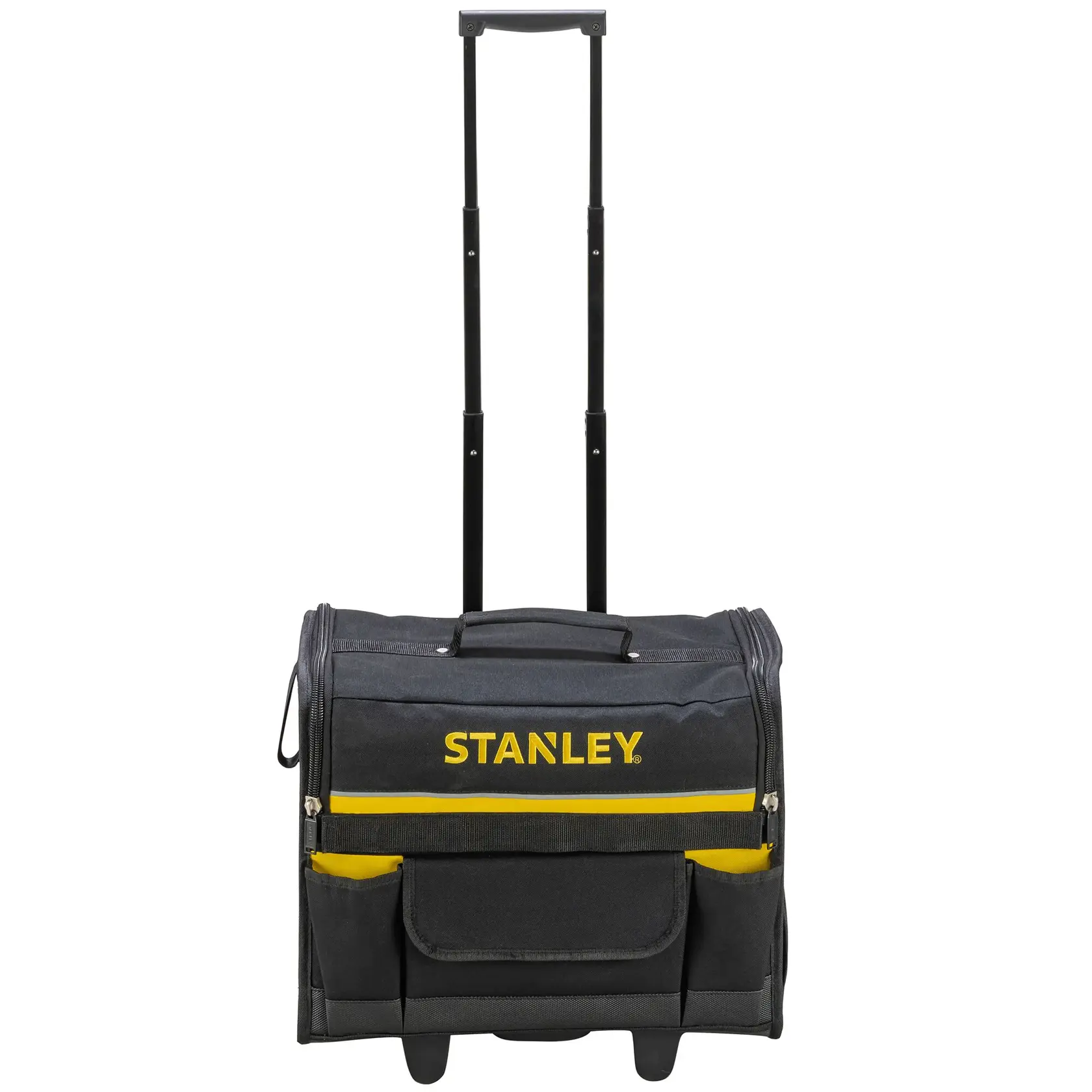 STANLEY 1-97-515 Rollwerkzeugtasche, Vorderansicht, schwarz mit gelben Details, Teleskopgriff.