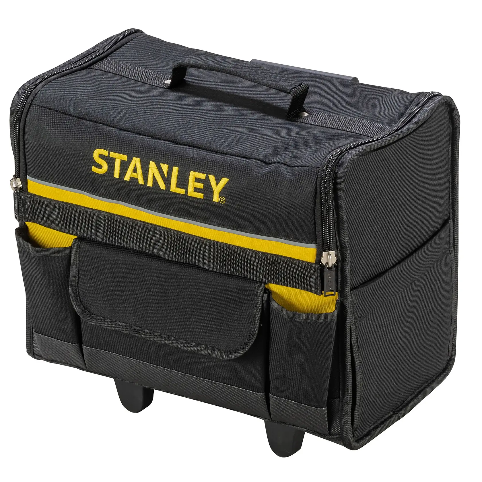 STANLEY 1-97-515 Werkzeugtasche, schwarze Stoff mit gelber Streifen, Frontansicht, viele Fächer, Reißverschluss.