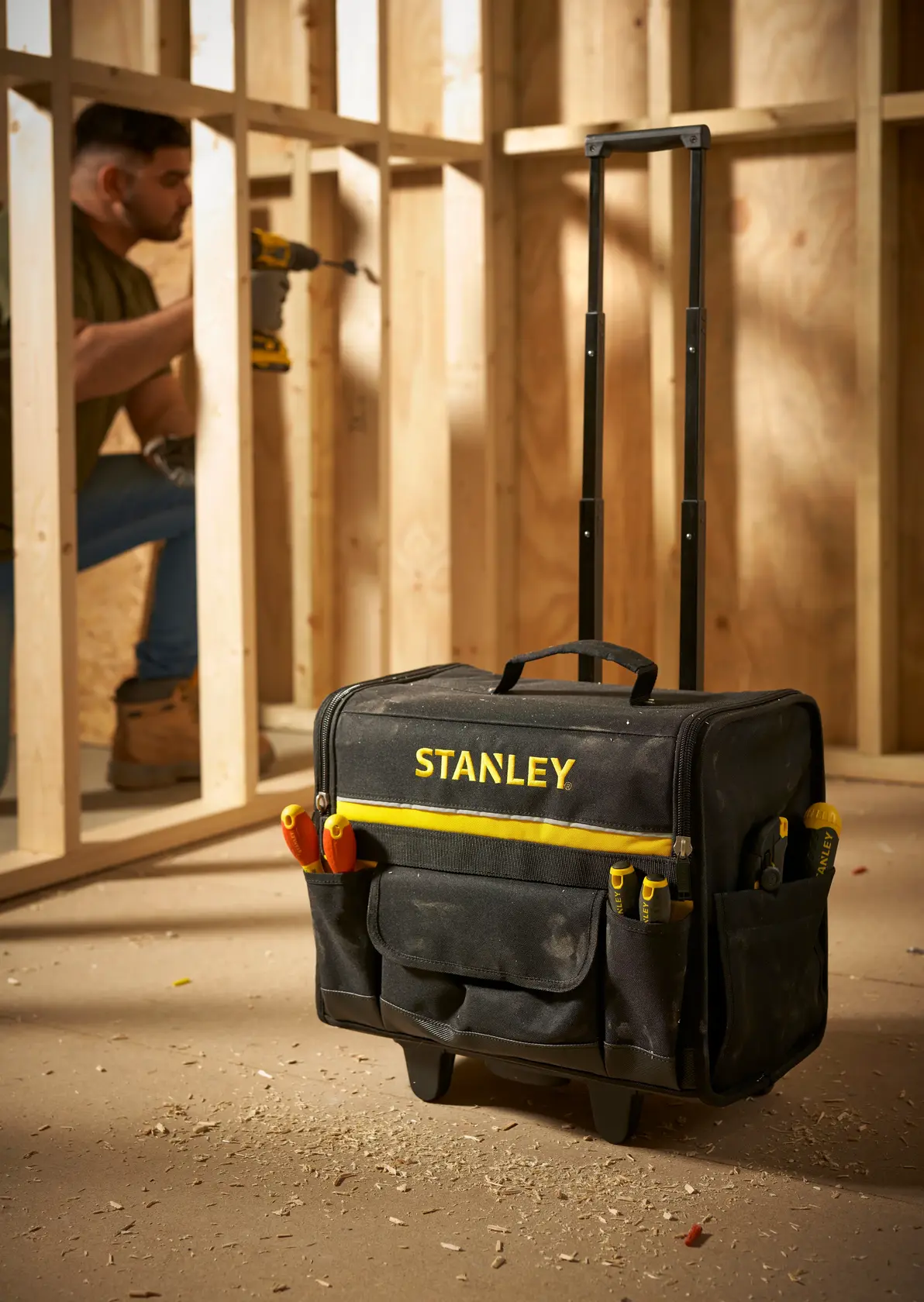 STANLEY 1-97-515 schwarze Werkzeugtasche mit Rollen, gelbe Akzente, Werkzeug in Taschen auf Baustelle.