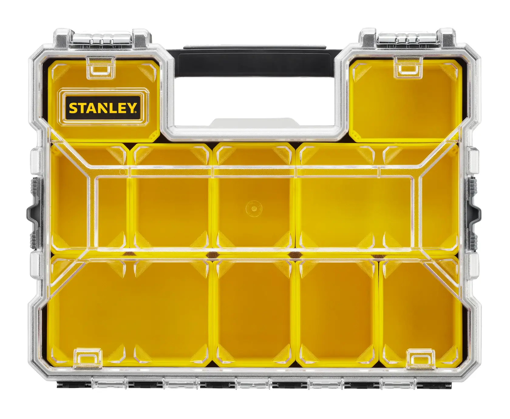 STANLEY 1-97-517 Organizer mit gelben Fächern, Vorderansicht, Klarsichtdeckel, schwarzer Griff.