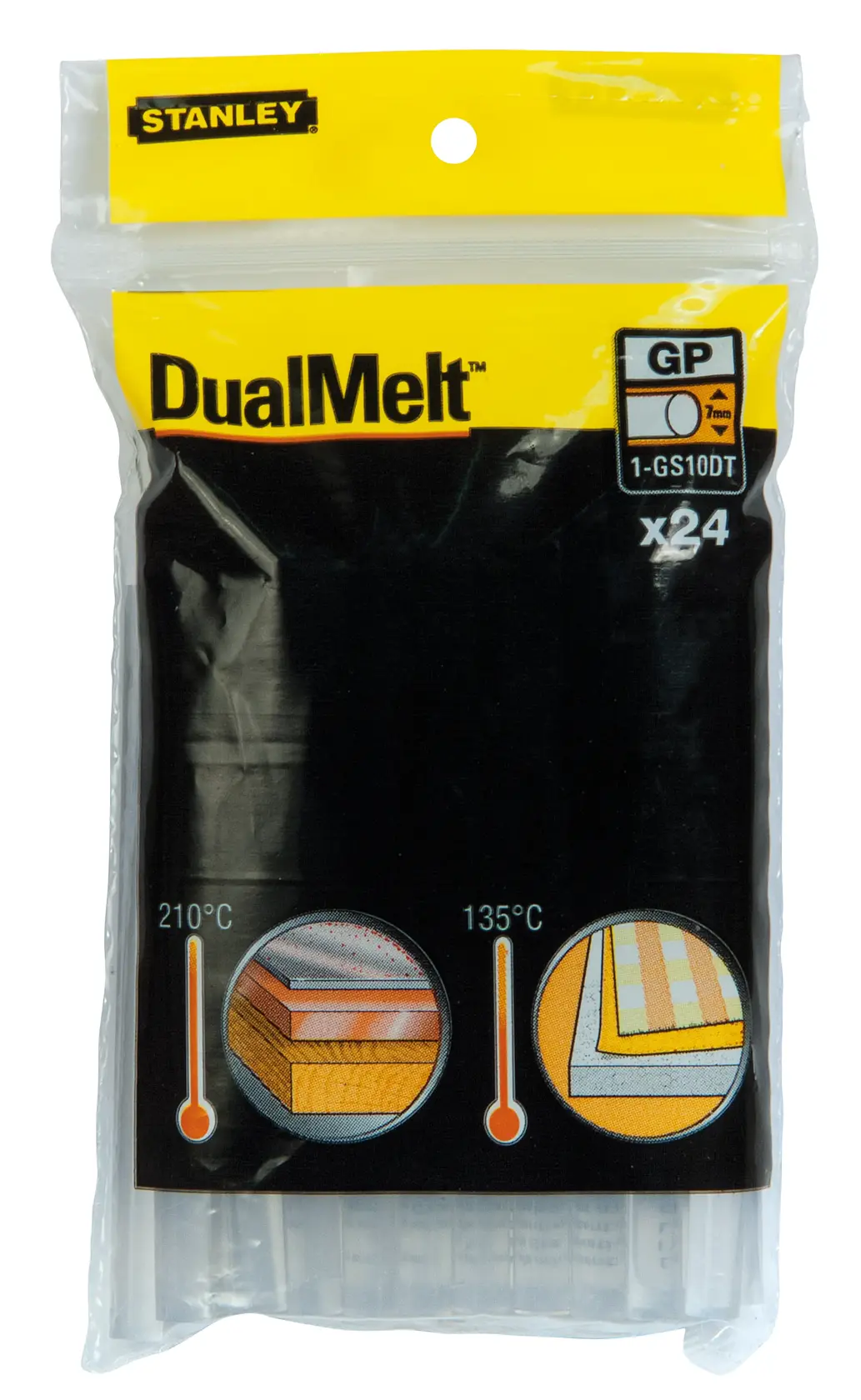 STANLEY DualMelt Klebestifte Pack, SKUs GS10DT, 1-GS10DT, Produktfoto, Vorderansicht, 24 Stück, gelb-schwarz.