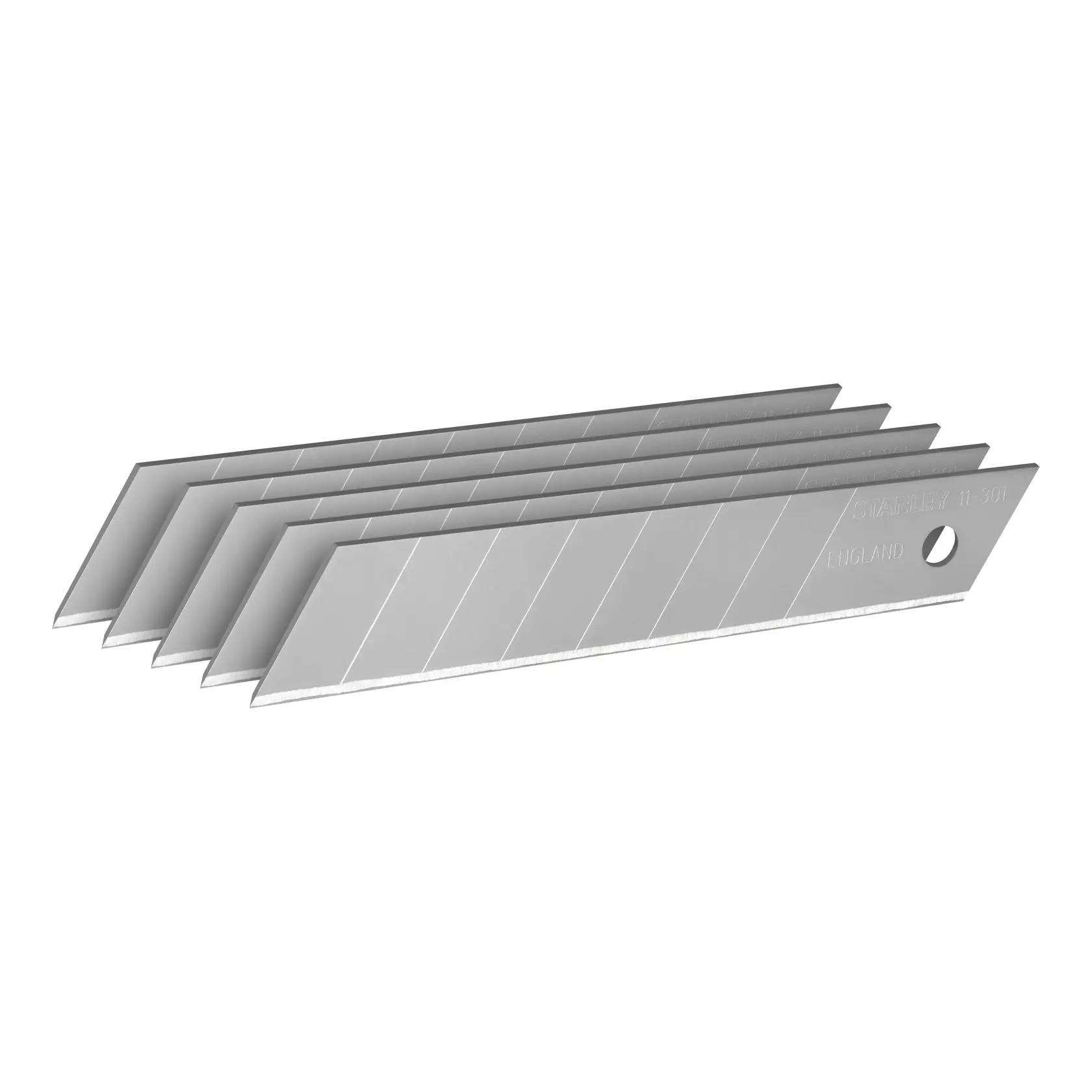 Fünf Abbrechklingen für Cutter Messer auf weißem Hintergrund angeordnet.