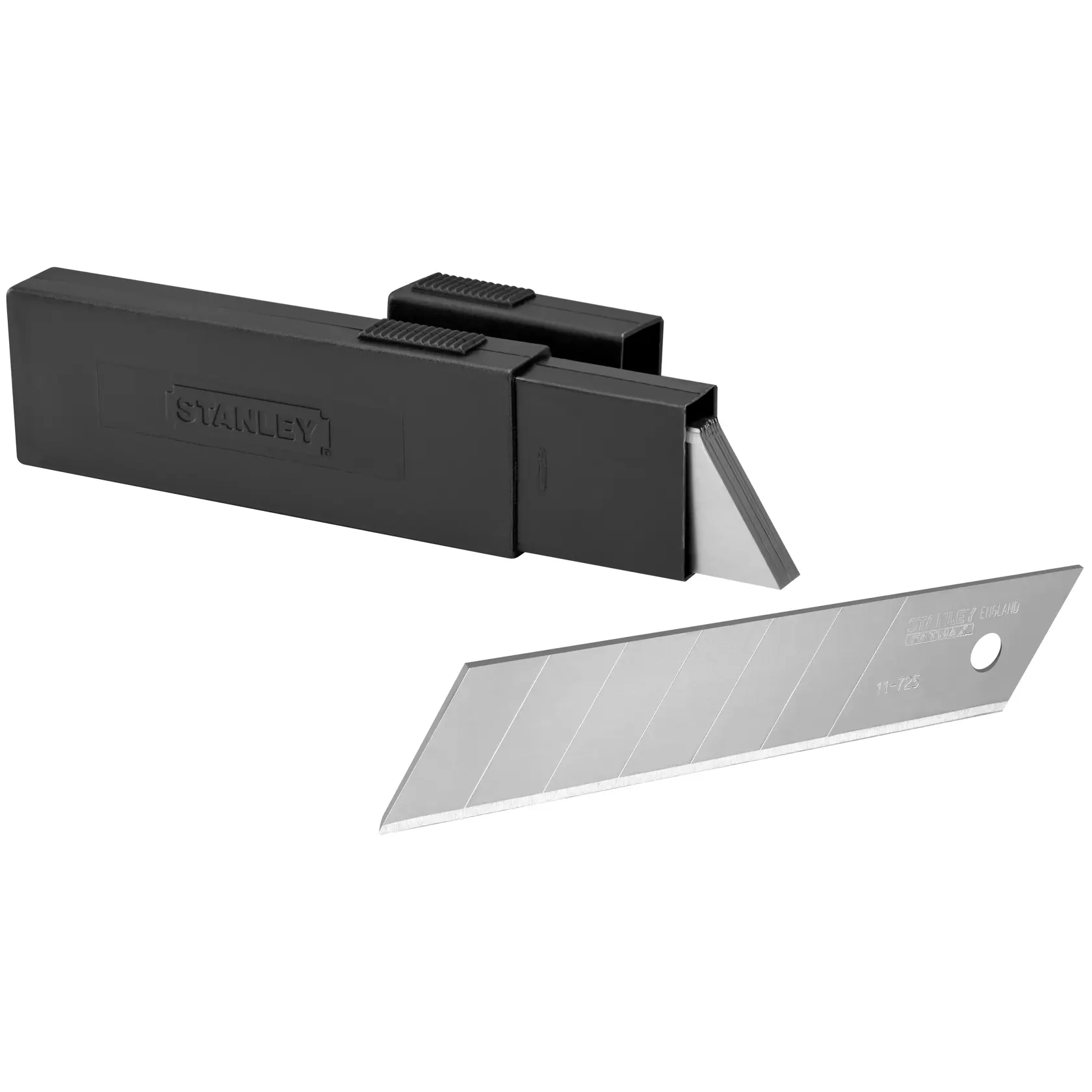 STANLEY 2-11-725 Abbrechklingen mit schwarzem Kunststoffspender, Seitenansicht.