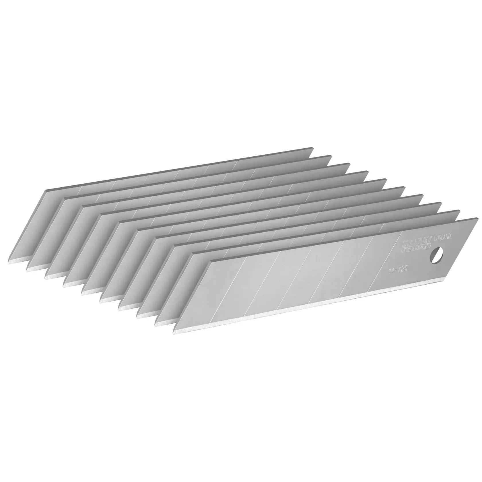 STANLEY 2-11-725 Abbrechklingen für Universalmesser, silberfarben, schräg gestapelt, Produktfoto auf weißem Hintergrund.