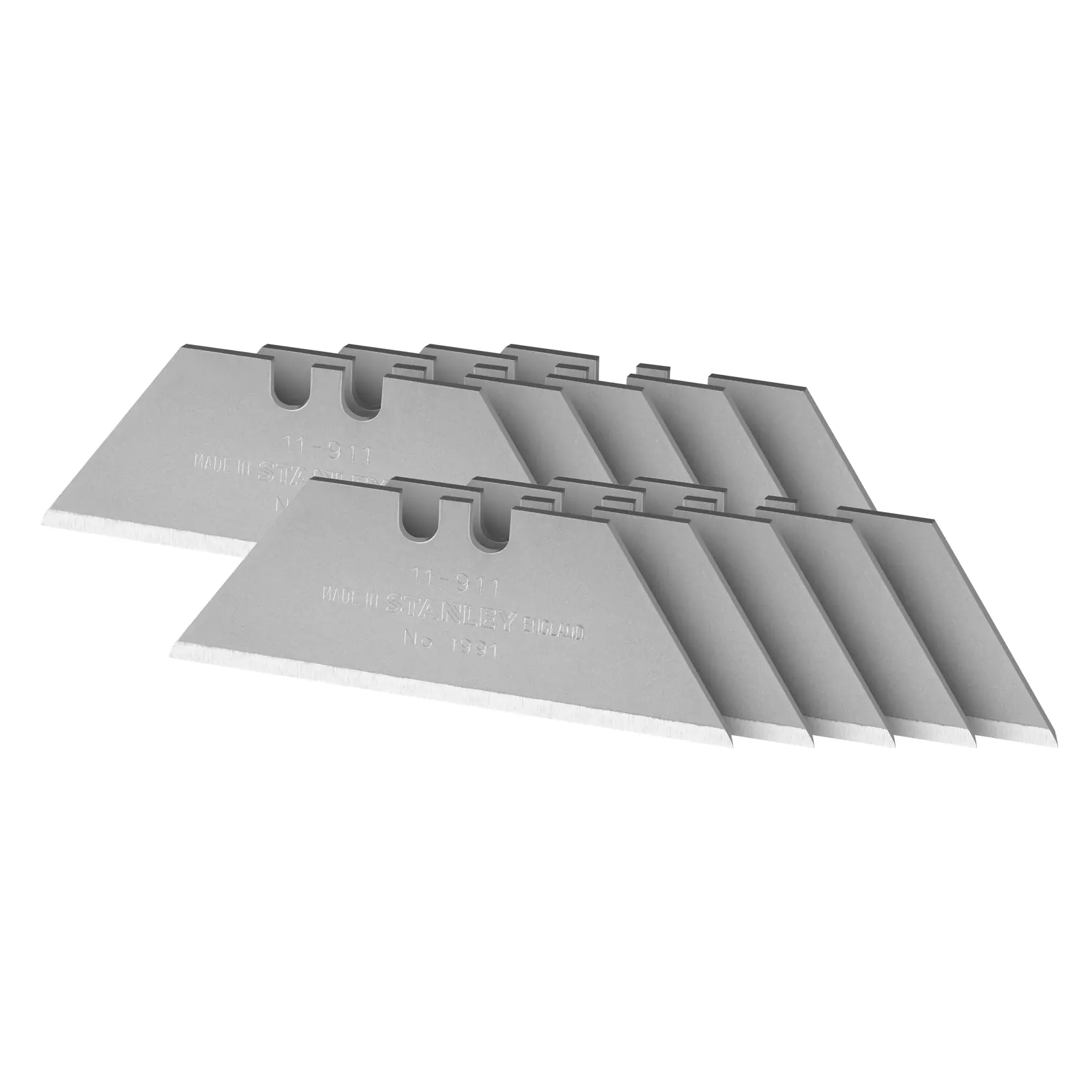 STANLEY 2-11-911 Universalmesser-Klingen, silbern, Zehnerpack, Seitenansicht auf weißem Hintergrund.