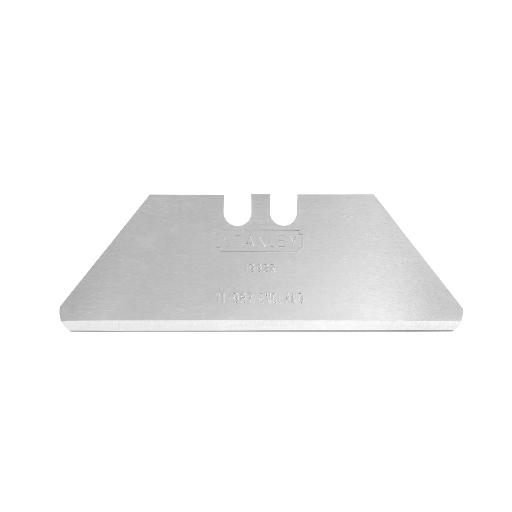 STANLEY 2-11-987 Universalmesser-Klinge, silbernes Metall, scharfe Kante, Frontalansicht, weißer Hintergrund.