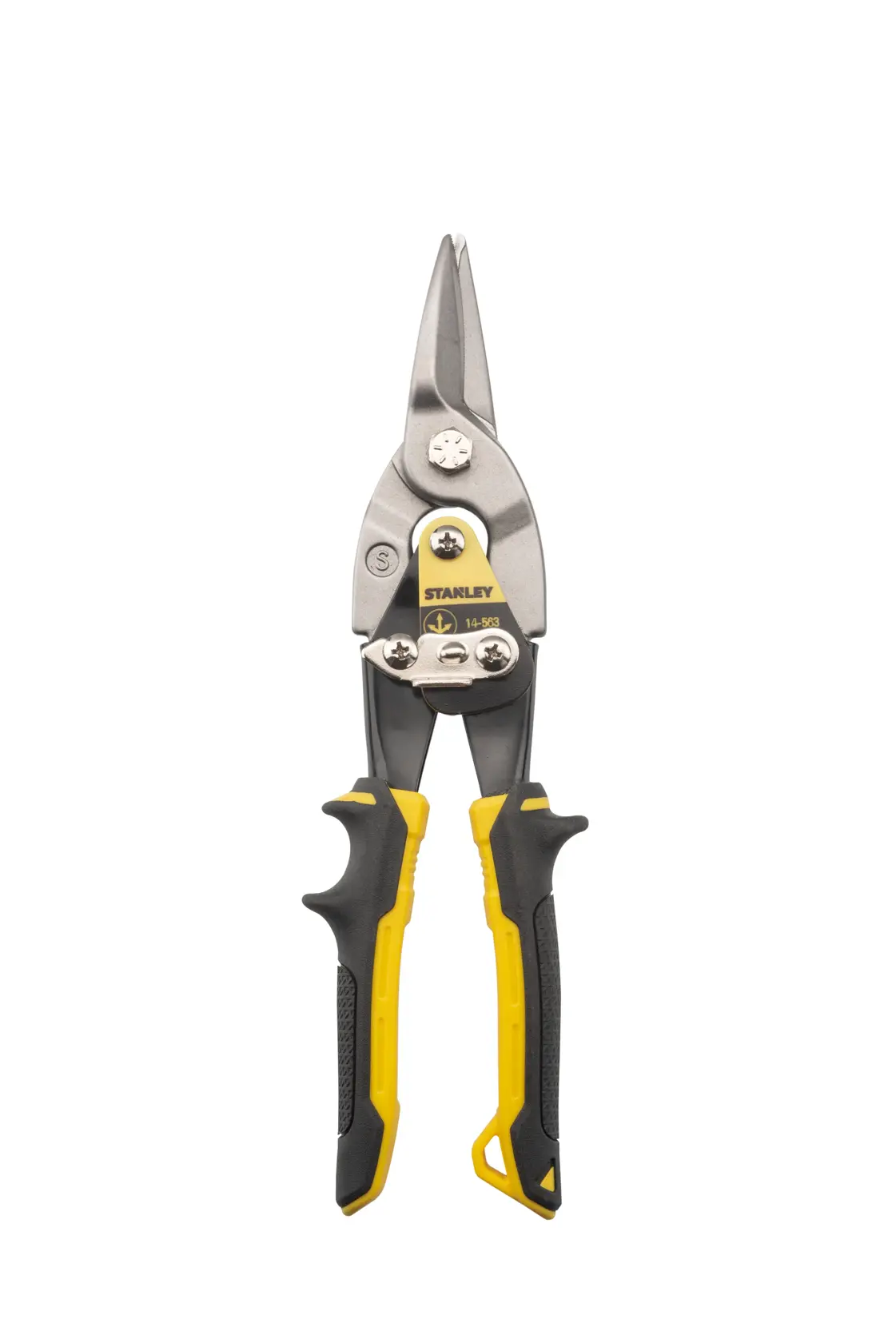 STANLEY 2-14-563 Blechschere mit schwarz-gelben Griffen, Vorderansicht auf weißem Hintergrund.
