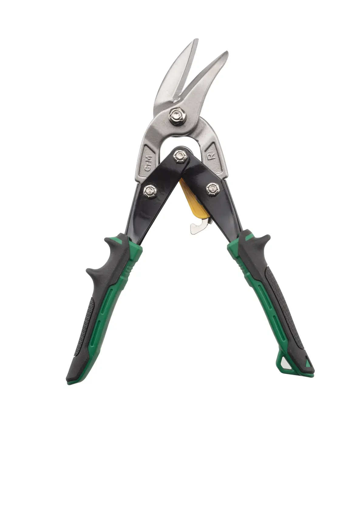 Stanley FatMax Blechschere mit grünen Griffen zum Schneiden von Metall auf weißem Hintergrund.