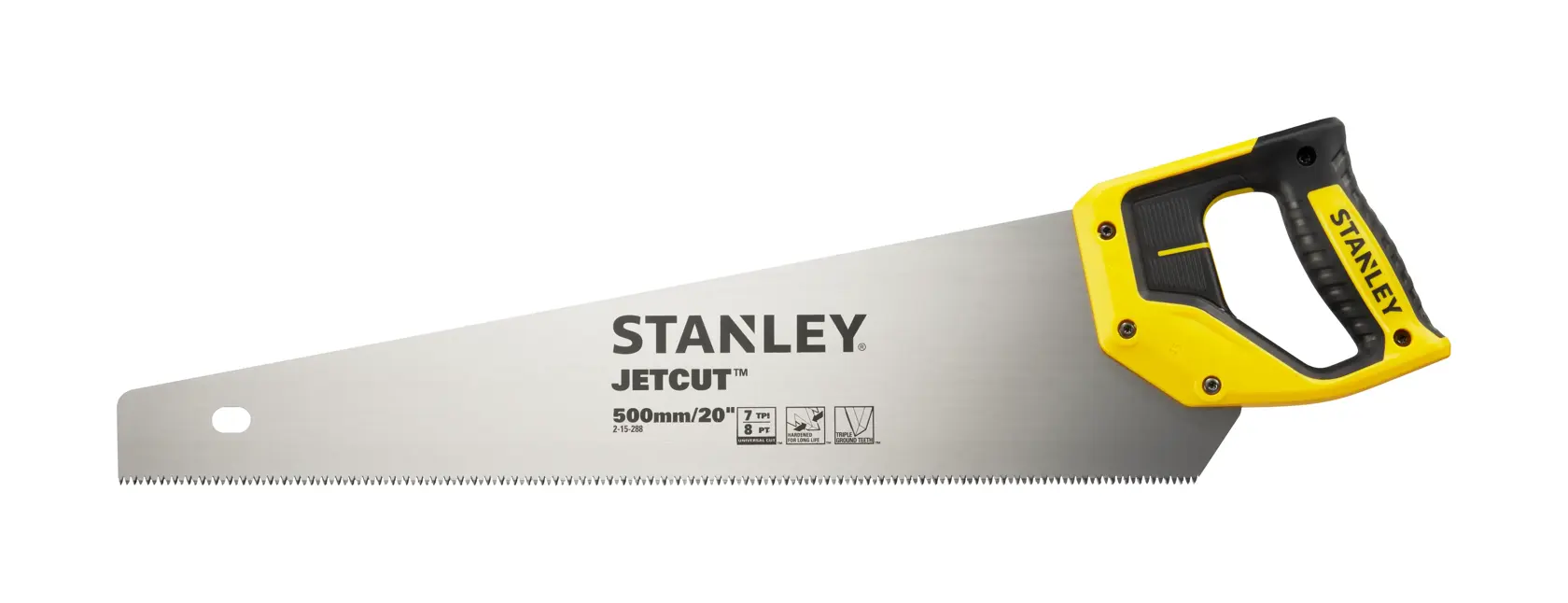 STANLEY 2-15-288 Handsäge mit gelbem und schwarzem Griff, Seitenansicht auf weißem Hintergrund.